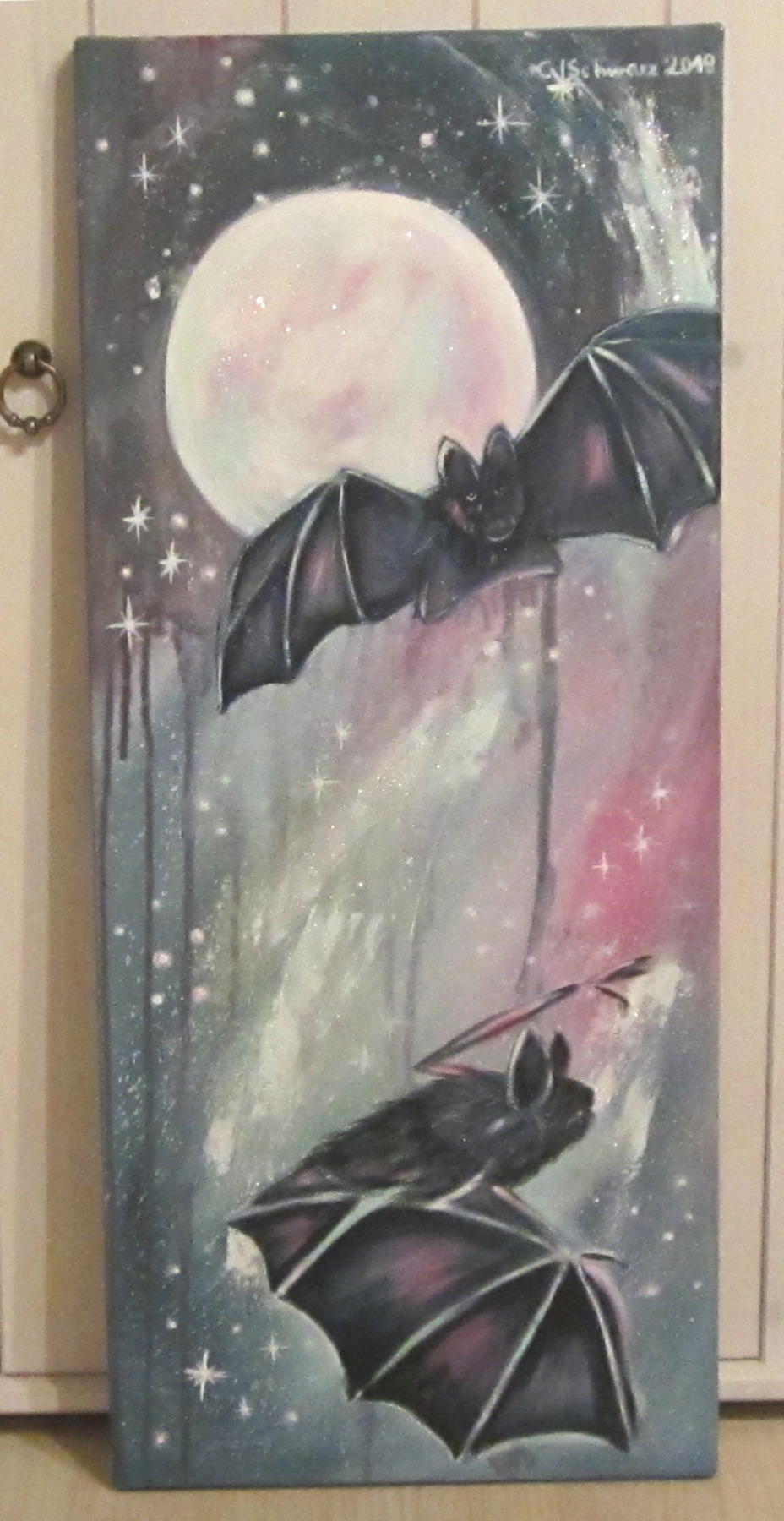 Acrylgemälde FLEDERMÄUSE BEI VOLLMOND - Kunst Wandbild Halloween abstrakt Fantasy Bild Deko gemalt