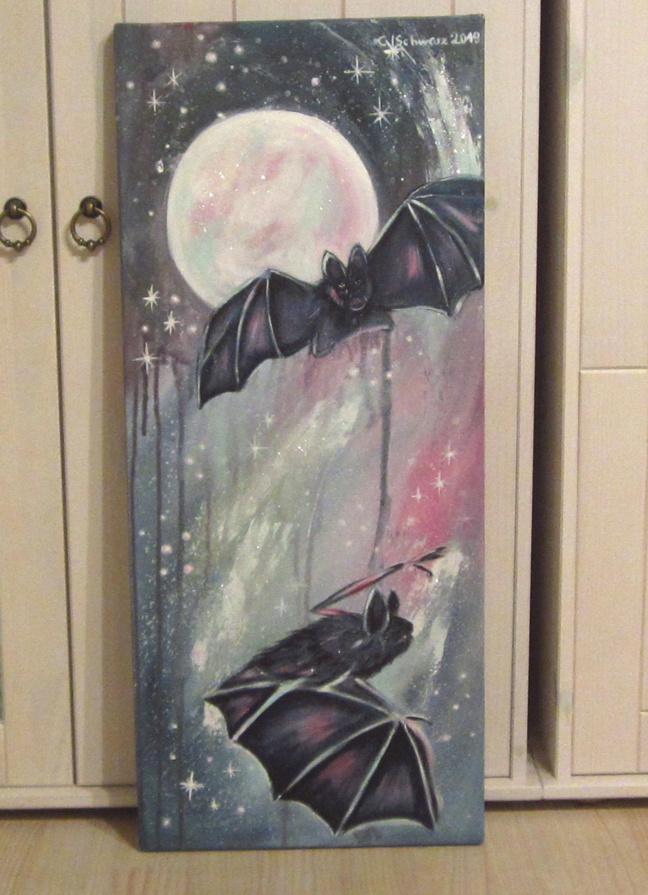 Acrylgemälde FLEDERMÄUSE BEI VOLLMOND - Kunst Wandbild Halloween abstrakt Fantasy Bild Deko gemalt