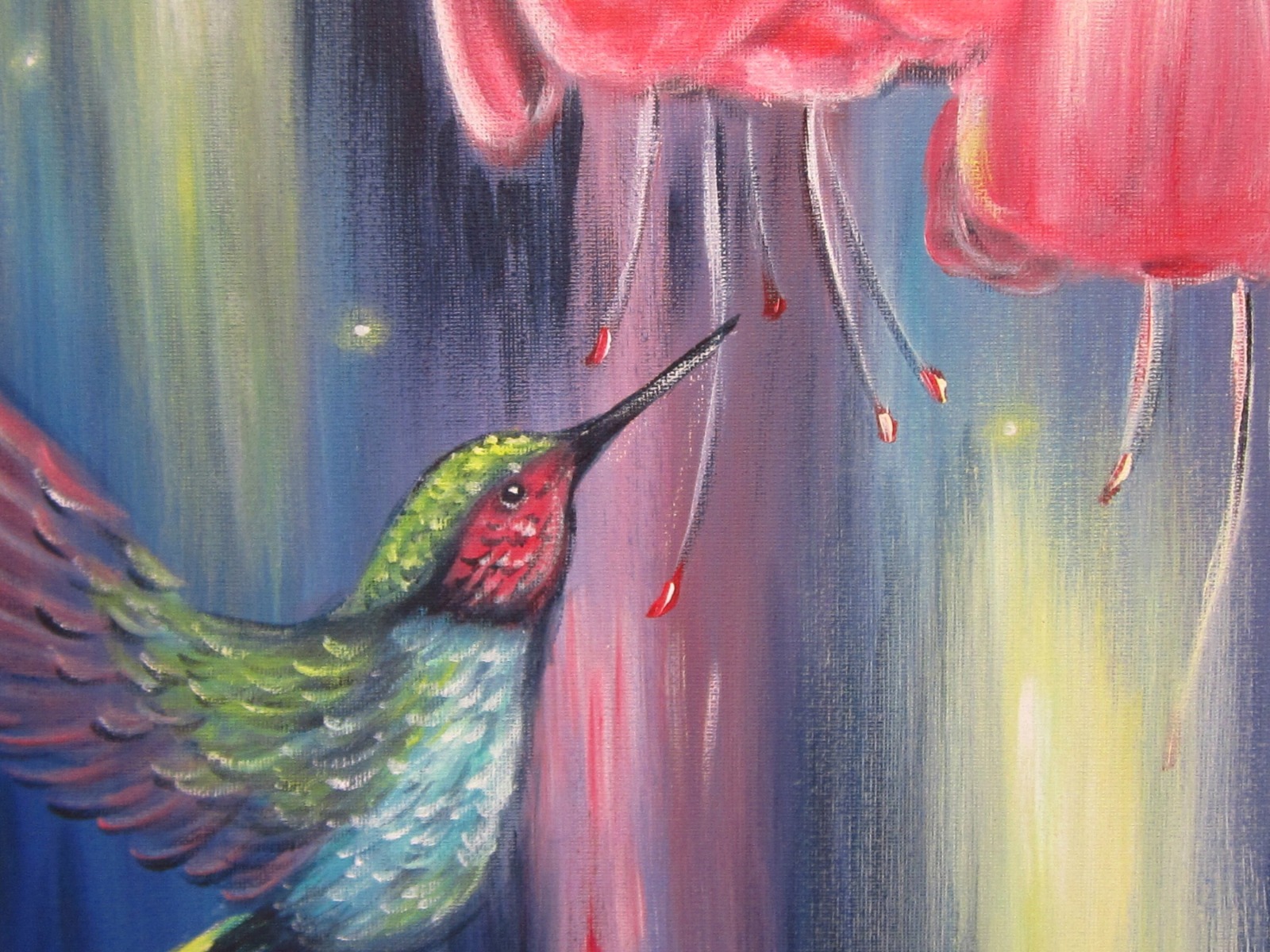 Acrylgemälde EXOTISCHER KOLIBRI II - abstraktes Vogelbild mit einem Kolibri und Blüten auf