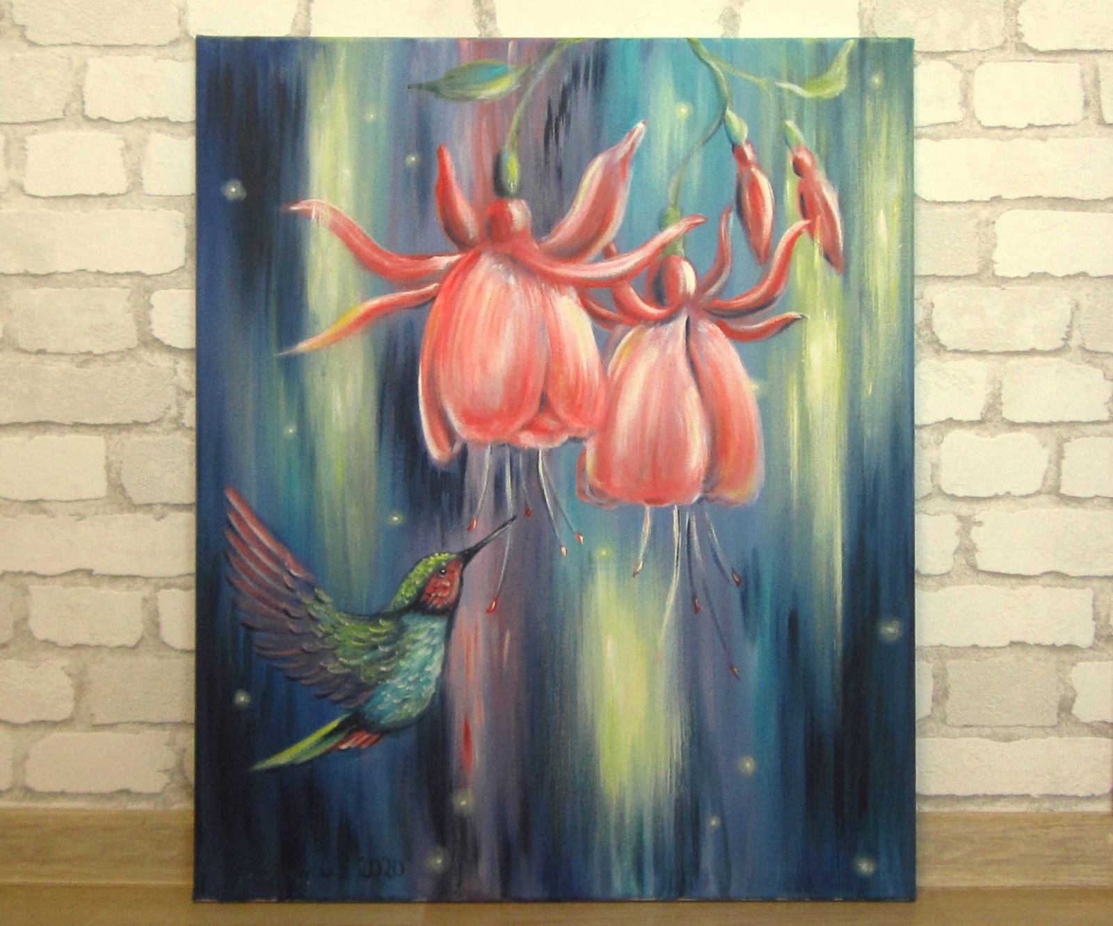 Acrylgemälde EXOTISCHER KOLIBRI II - abstraktes Vogelbild mit einem Kolibri und Blüten auf