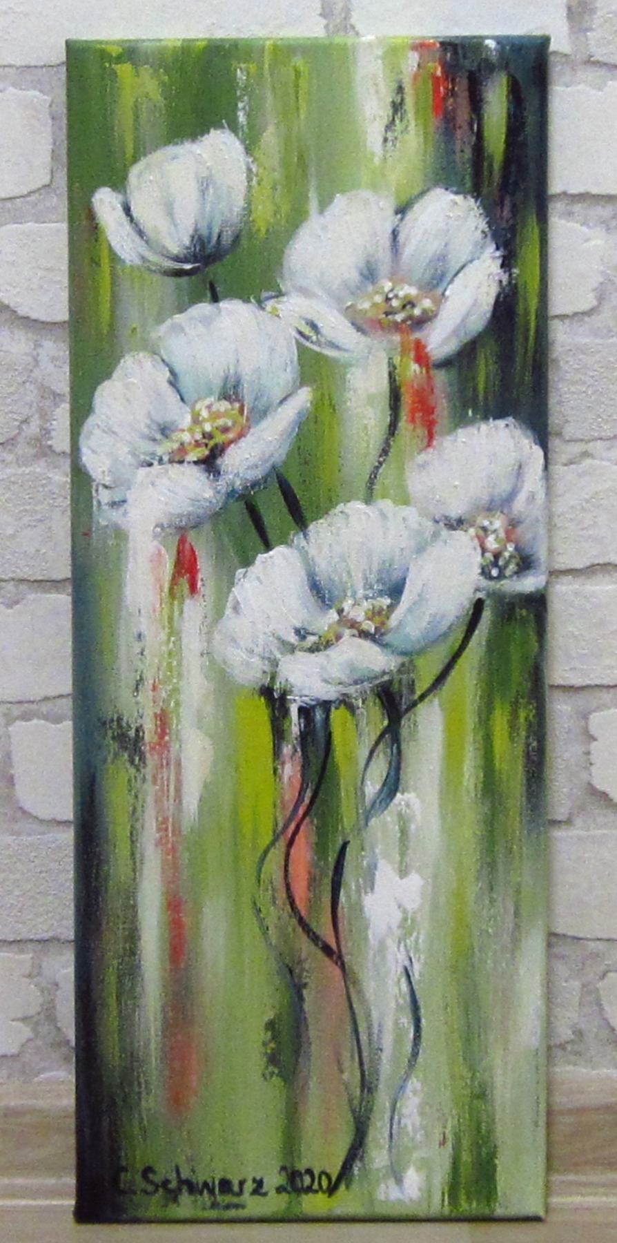 WHITE FLOWERS 20cm x 50cm - abstraktes Acrylgemälde mit weißen Blüten auf Leinwand, Acrylmalerei