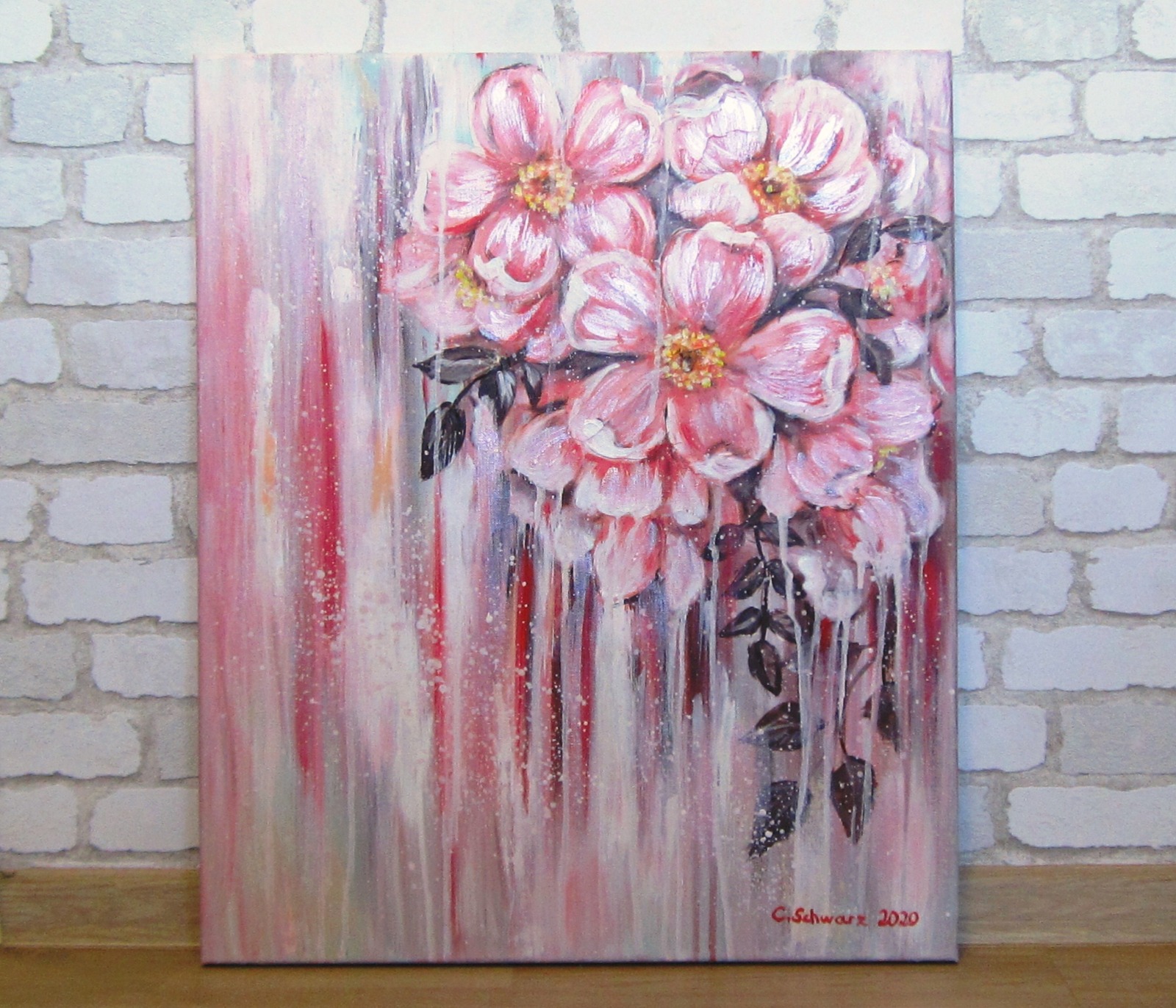 WILDE ROSEN - Leinwandbild 50cm x 60cm, handgemaltes Blumenbild mit Heckenrosen gemalt von