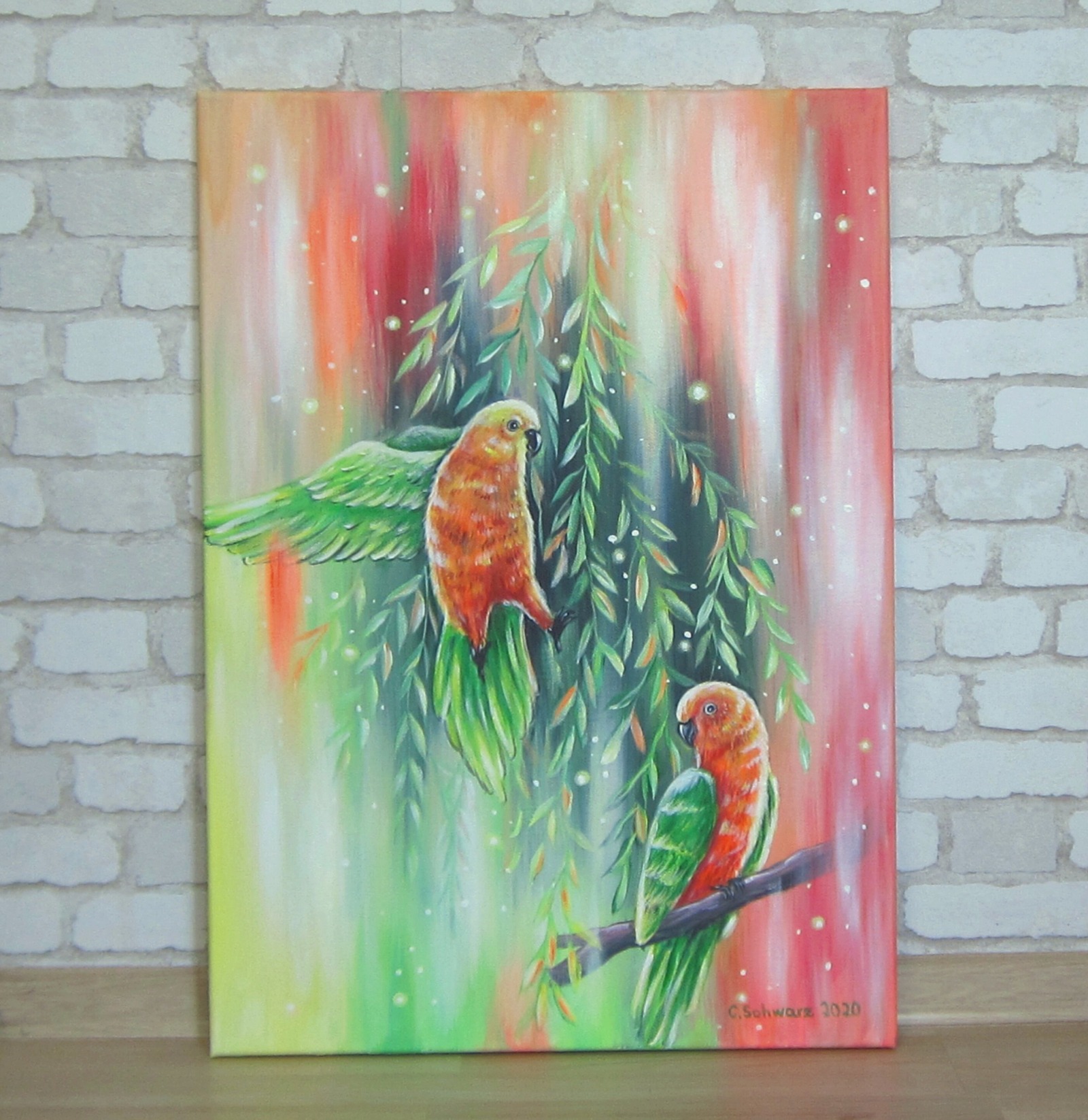 PARROTS IN THE LIGHT 50cmx70cm - abstraktes Acrylgemälde mit zwei bunten Papageien inmitten von