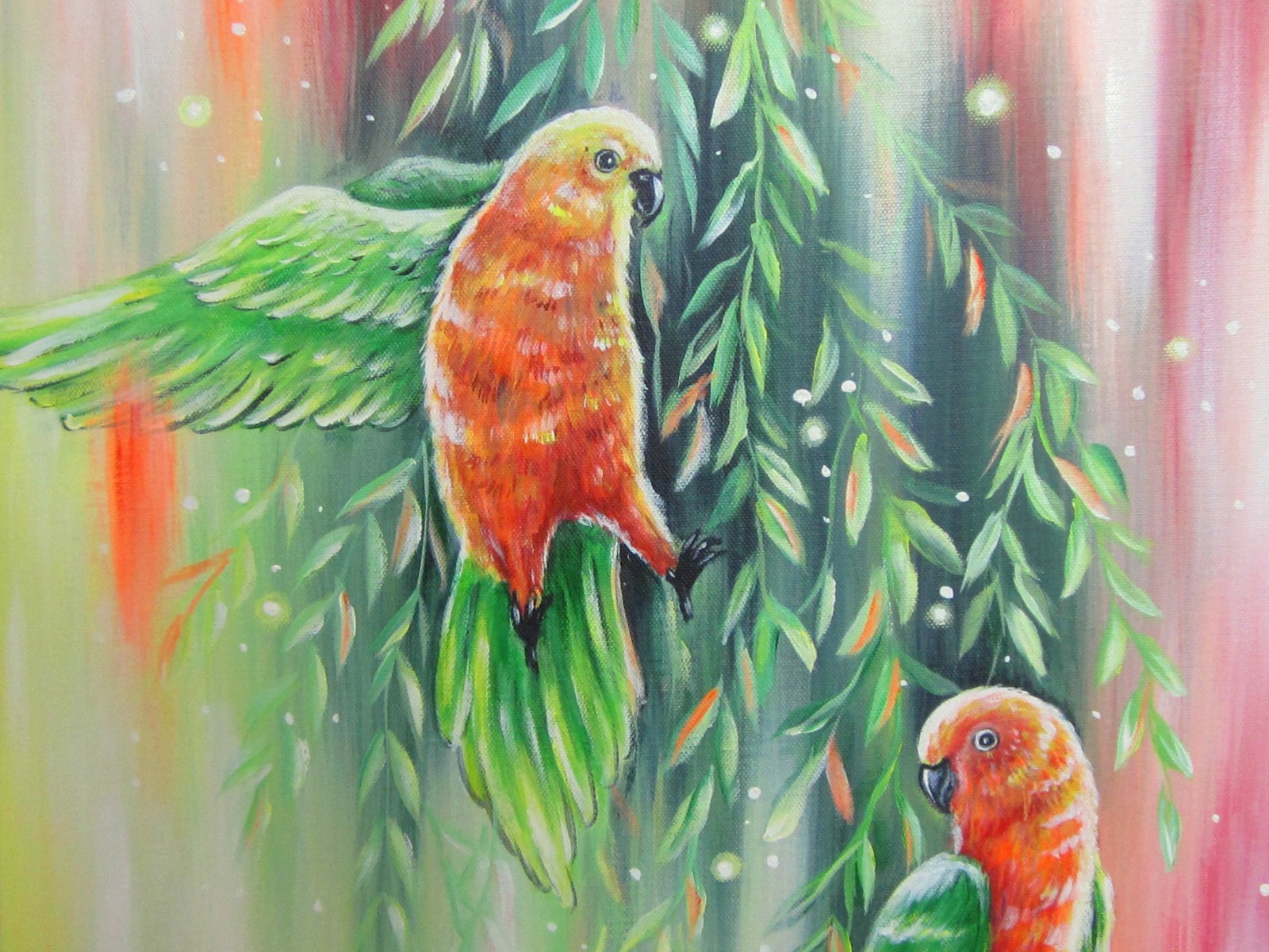 PARROTS IN THE LIGHT 50cmx70cm - abstraktes Acrylgemälde mit zwei bunten Papageien inmitten von