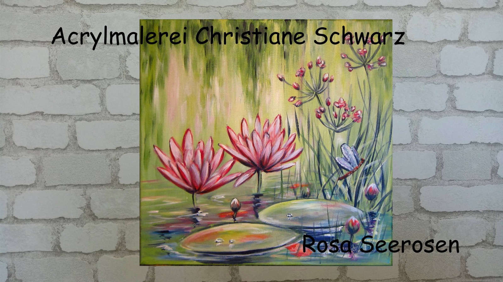 ROSA SEEROSEN - idyllisches Acrylgemälde auf Leinwand mit Seerosenblättern und einer Libelle