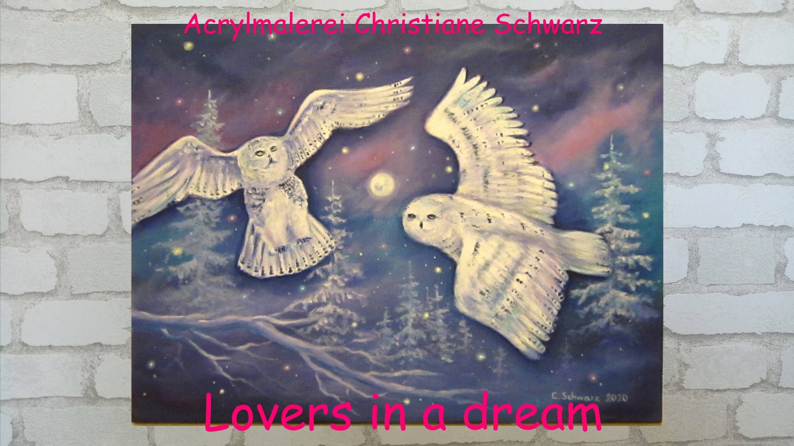 Lovers in a dream - romantisches Eulengemälde auf Leinwand 80cm x 60cm mit fliegenden Schneeeulen 2