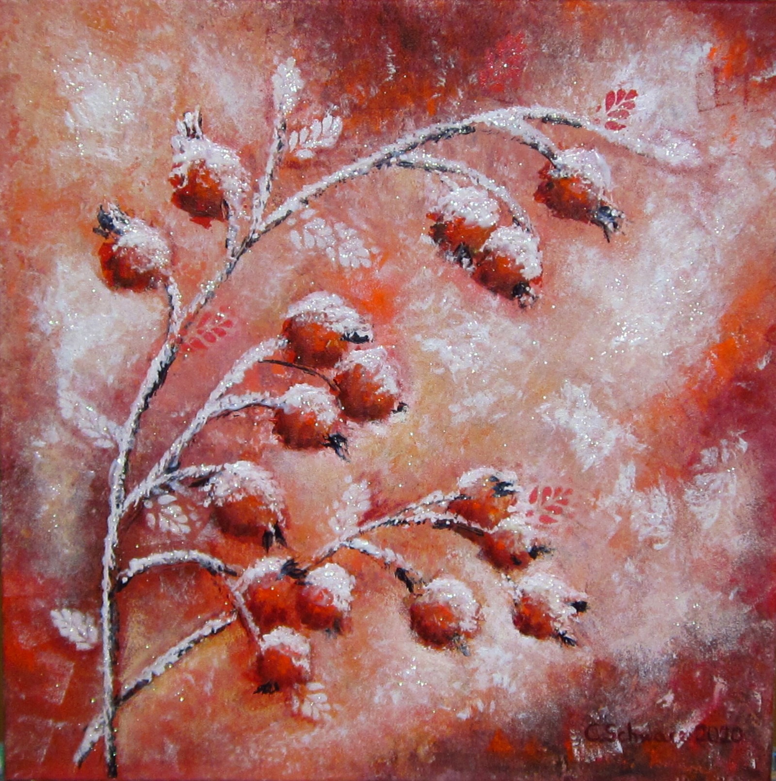 FROSTED ROSE HIPS - abstraktes Acrylbild mit Hagebutten, versehen mit irisierendem in feurigem Rot,