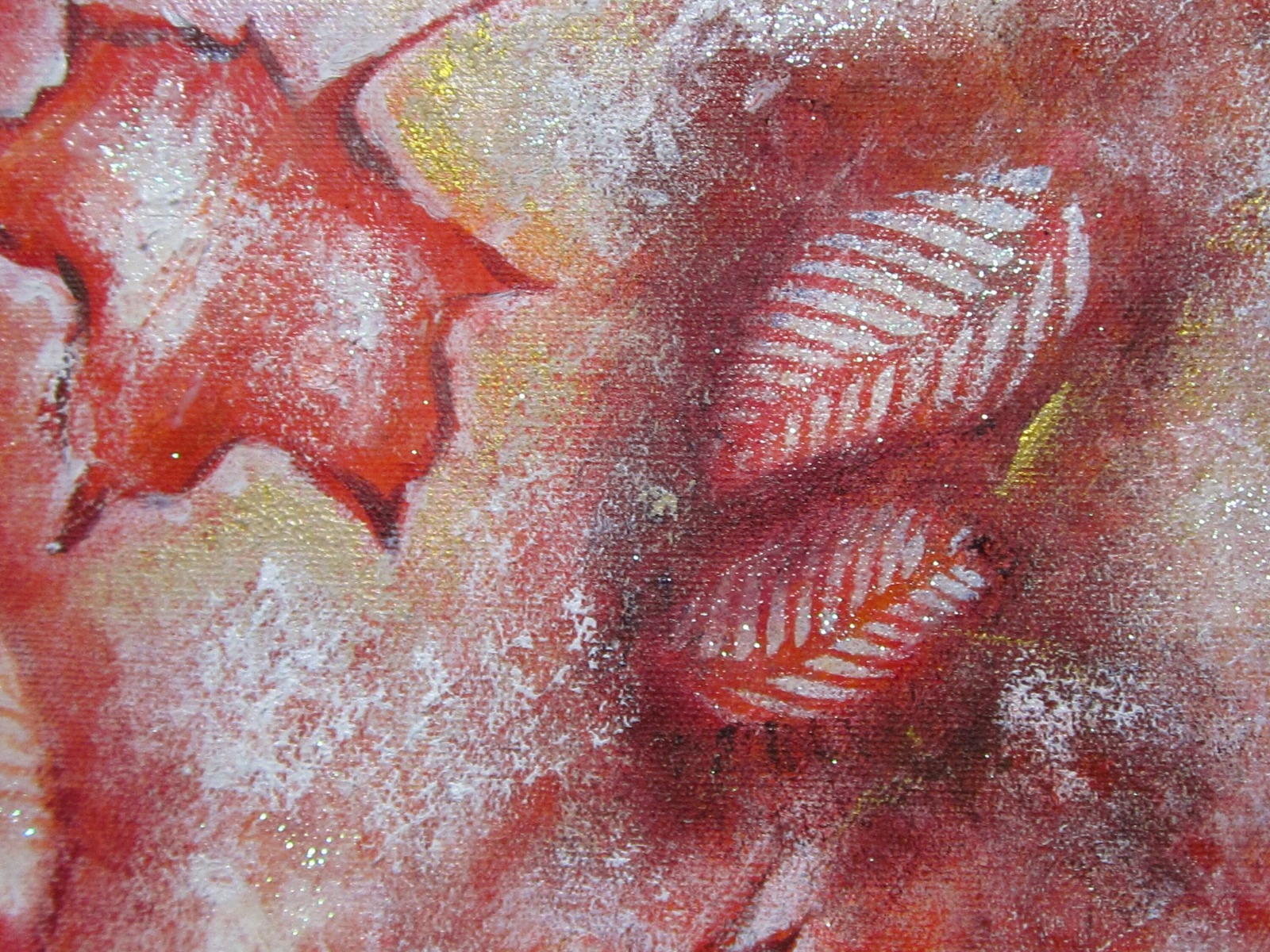 FROSTED AUTUMN LEAVES - abstraktes Acrylbild mit Herbstblättern, versehen mit irisierendem Glitter