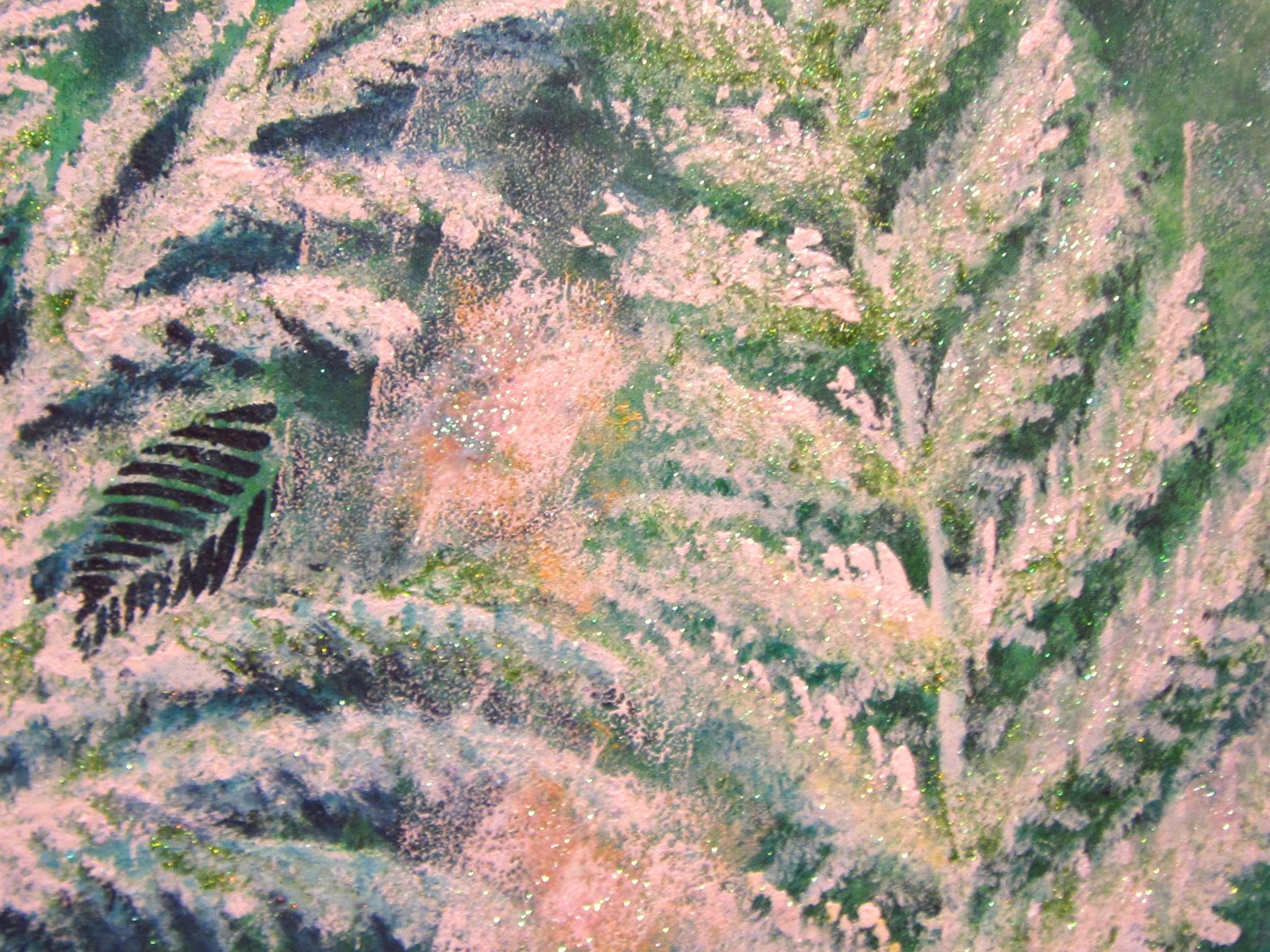 Frosted fern and falling leaves - Acrylbild mit Farn und fallenden Blättern, Acrylmalerei