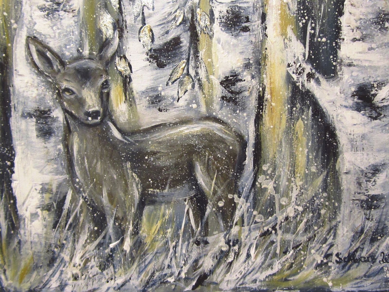 Acrylgemälde FIRST WINTER - wunderschönes Wandbild mit einem Reh im Winterwald und