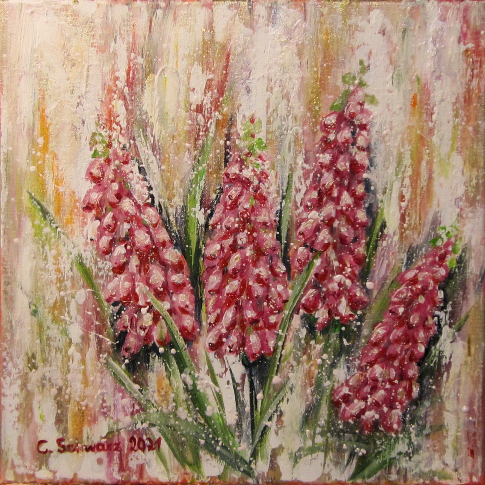 PERLHYAZINTHEN - wunderschönes Frühlingsblumenbild 40cm x 40cm mit Glitter, Acrylmalerei