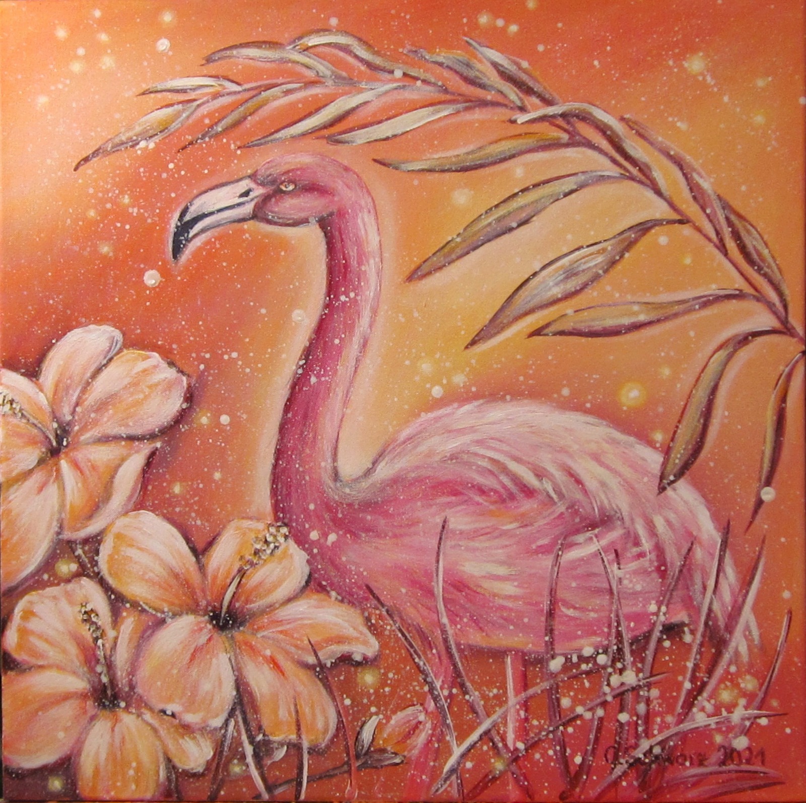 TROPICAL FLAMINGO - Acrylgemälde mit Flamingo und Hibiskusblüten auf Leinwand 60cmx60cm 3