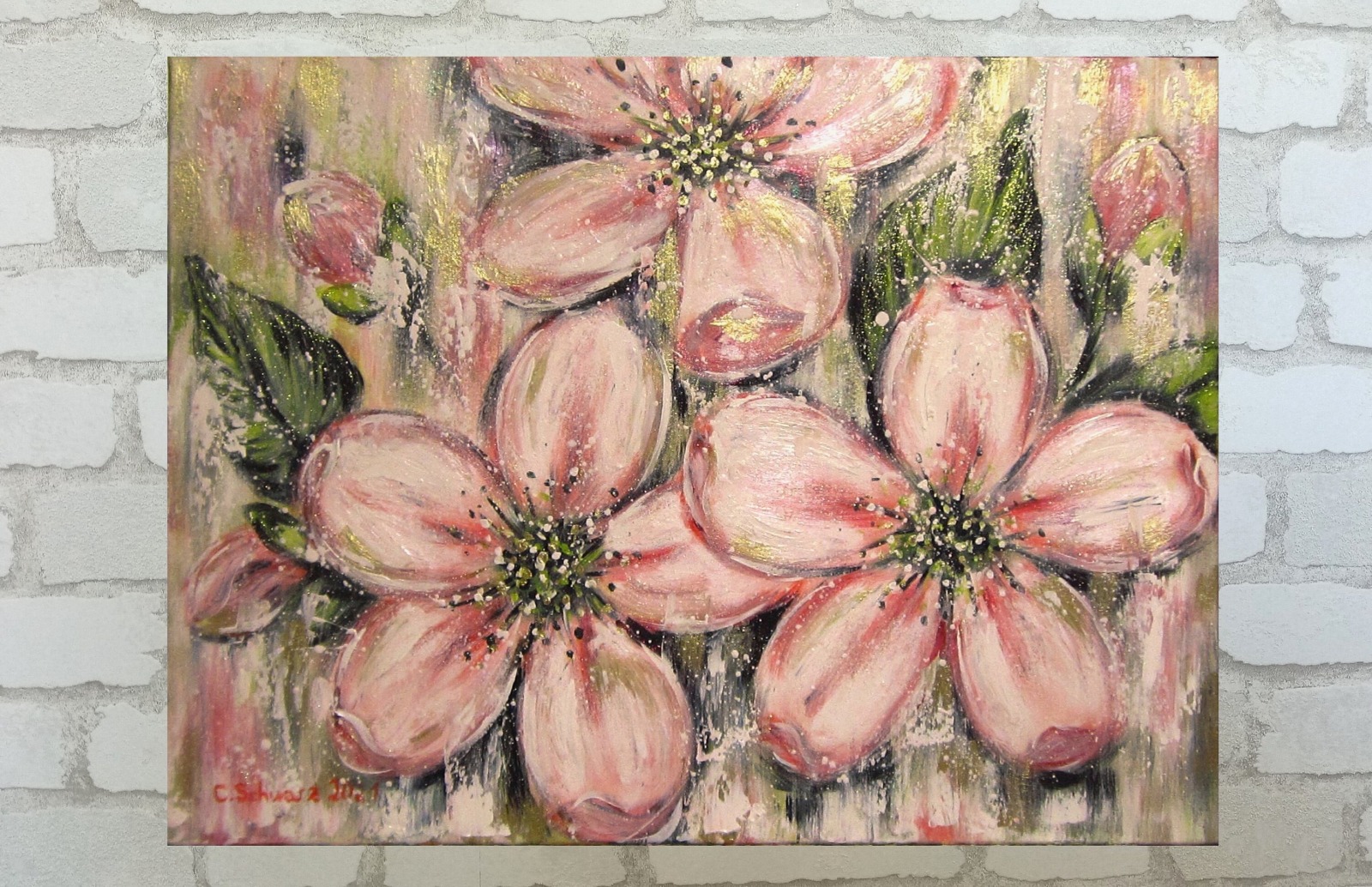 APFELBLÜTEN - wunderschönes Blütenbild 80cm x 60cm, mit Strukturpaste und Glitter 2