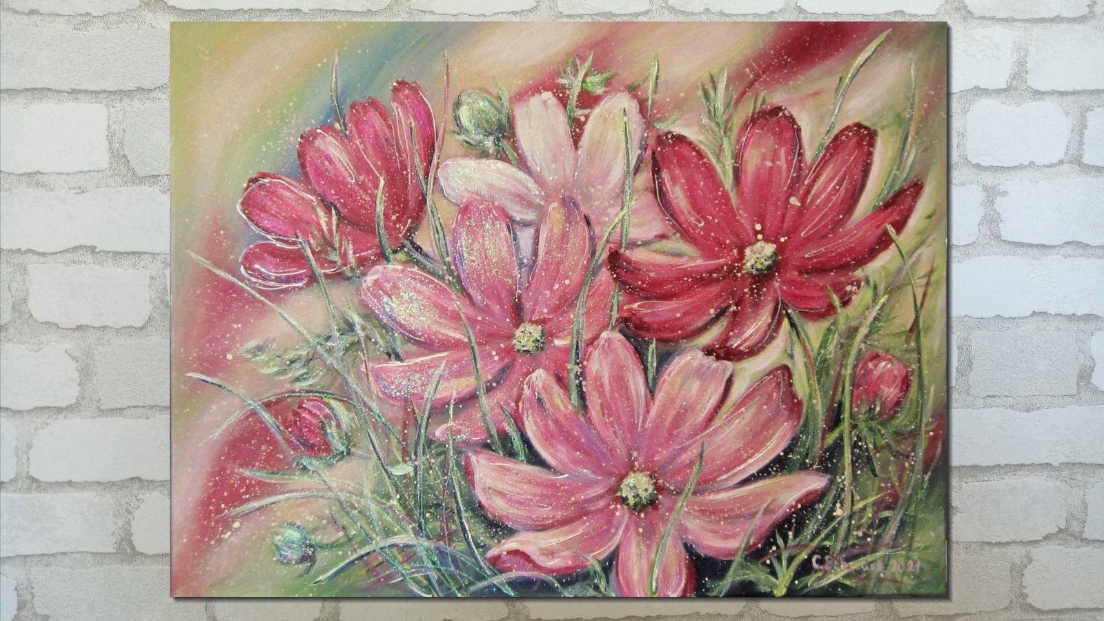 COSMEA - SCHMUCKKÖRBCHEN - Blumenbild mit Metallikakzenten und Glitter auf Leinwand 80cm x 60cm 2