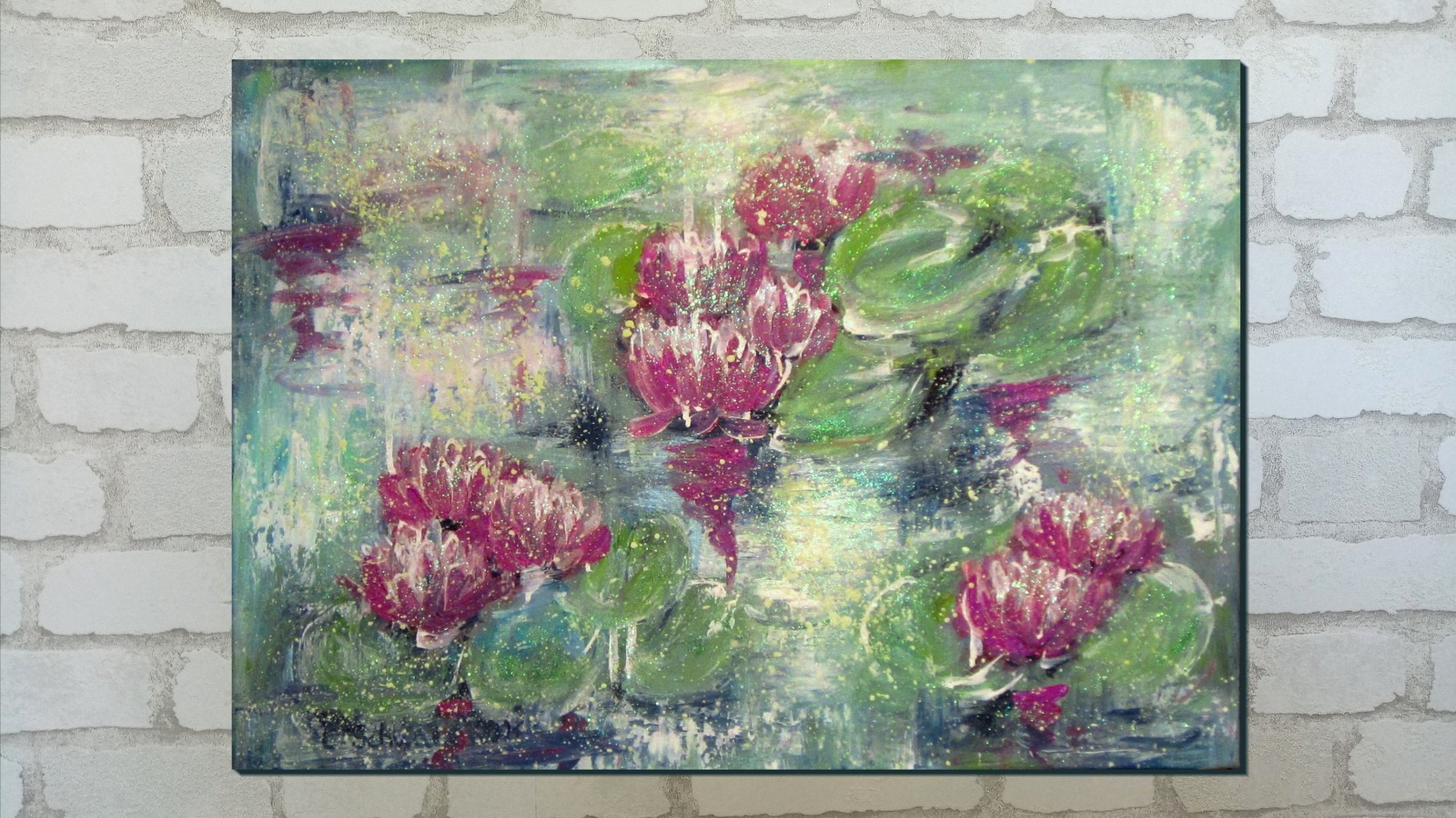 WATERLILY DREAMS - abstraktes Seerosenbild mit Glitter auf Leinwand 70cm x 50cm - mit