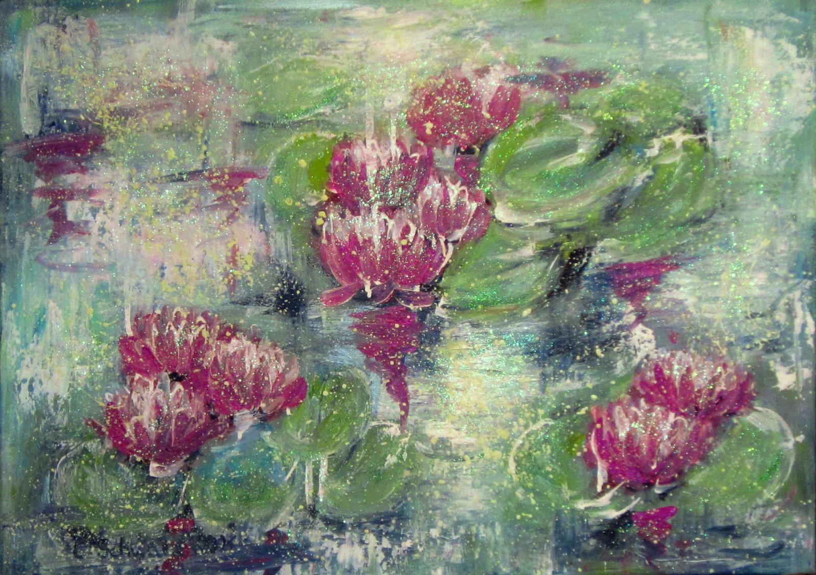 WATERLILY DREAMS - abstraktes Seerosenbild mit Glitter auf Leinwand 70cm x 50cm - mit