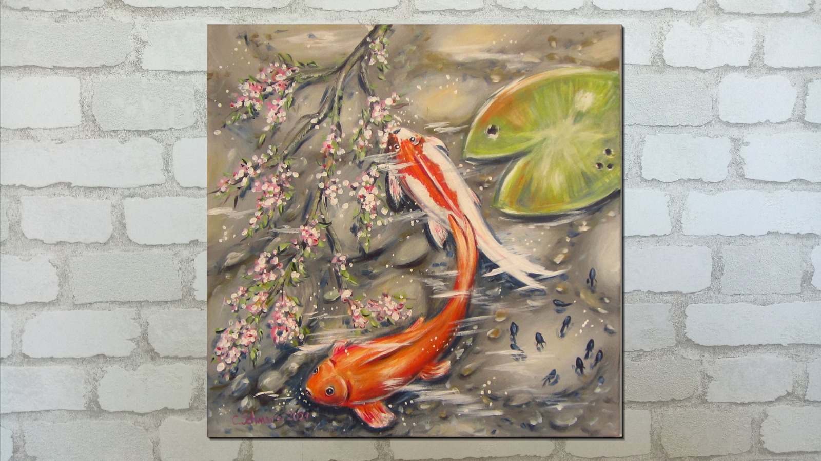 FRÜHLING IM TEICH - Acrylgemälde 60cmx60cm mit Goldfischen und Kaulquappen unter einem