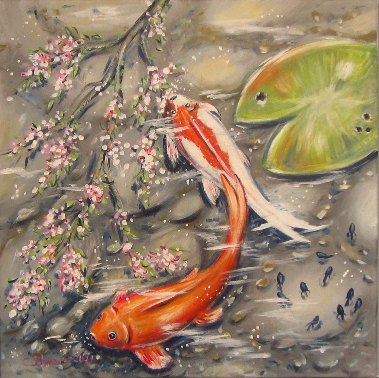 FRÜHLING IM TEICH - Acrylgemälde 60cmx60cm mit Goldfischen und Kaulquappen unter einem