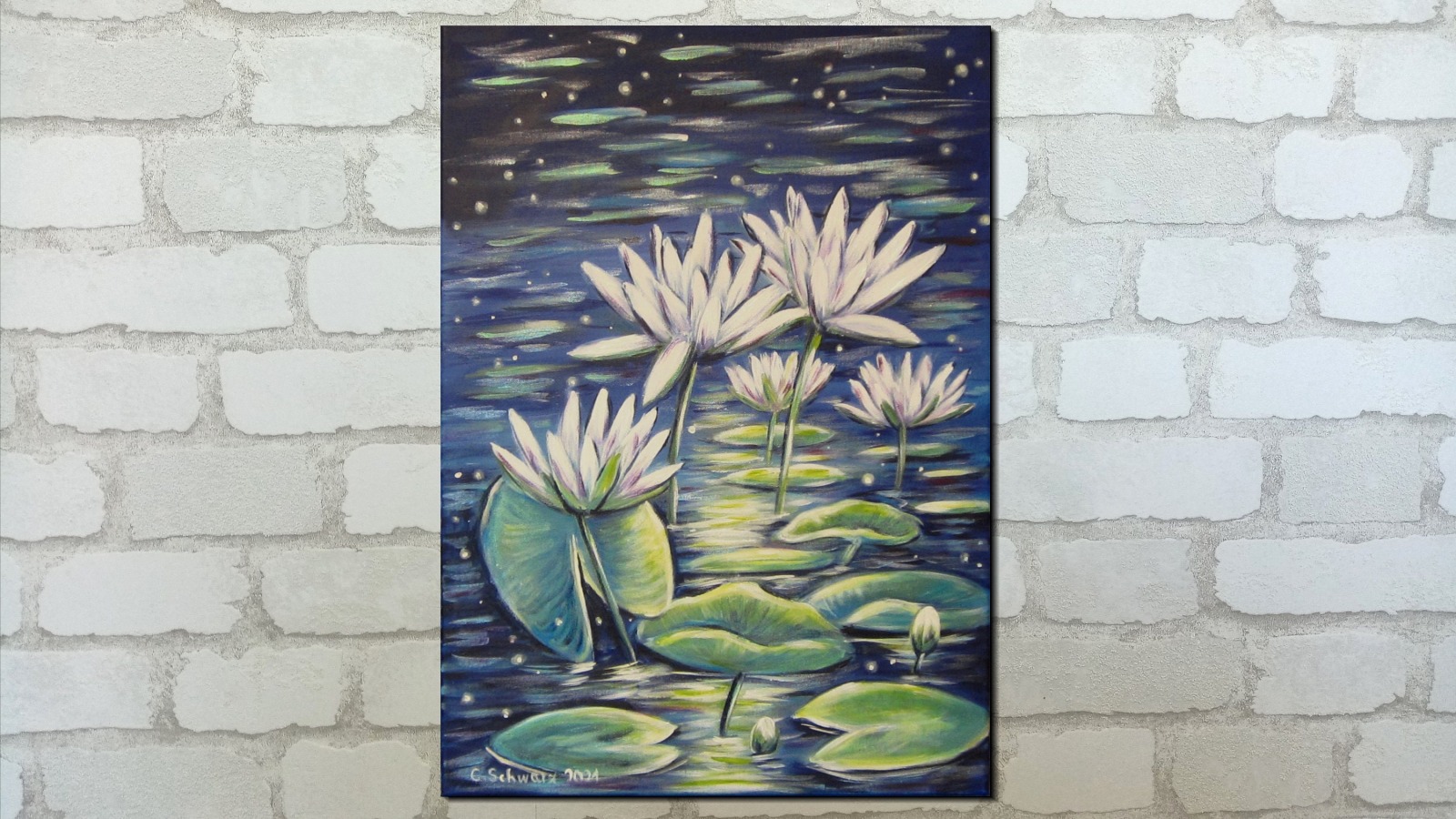 MOONLIGHT WATERLILIES - wunderschönes Seerosenbild mit Metallicakzenten auf Leinwand, Acrylmalerei