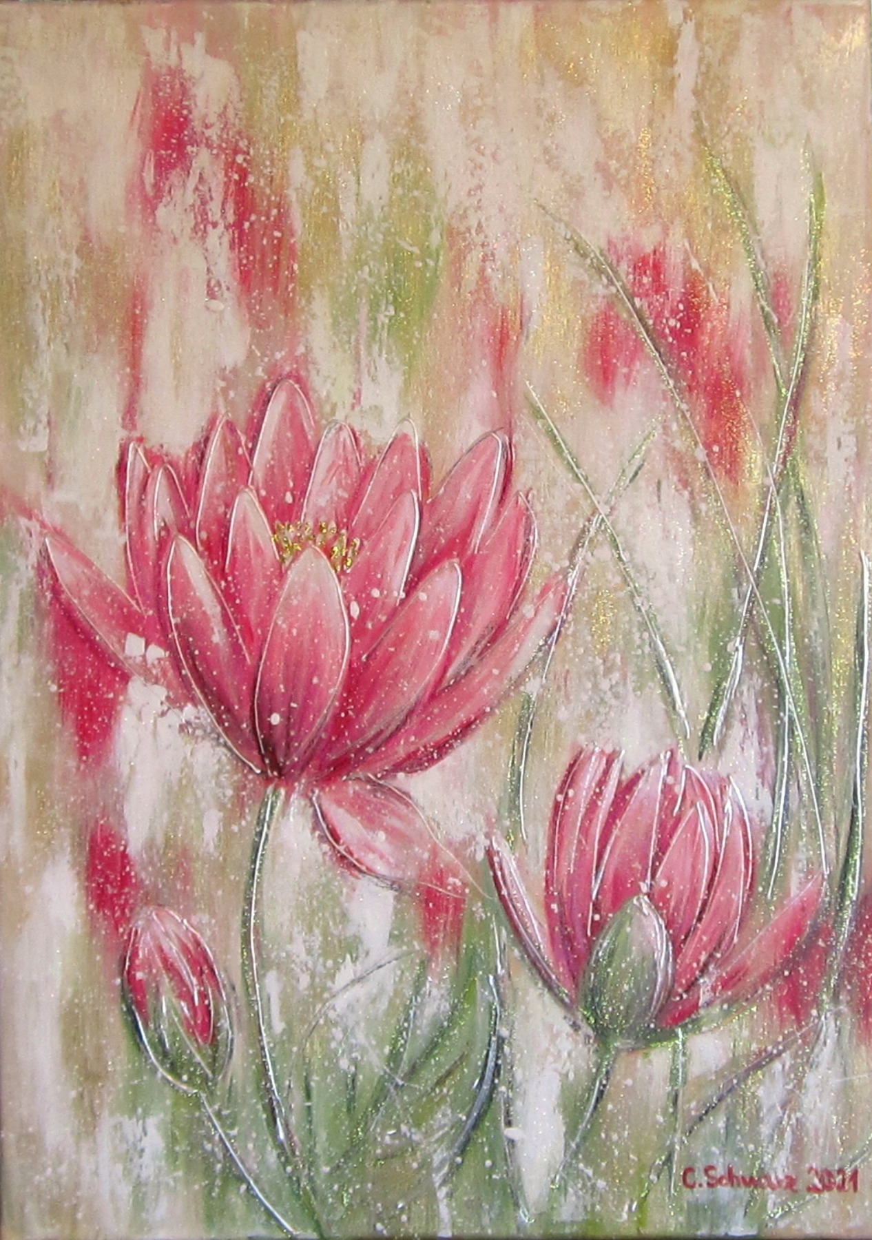 PINK WATERLILIES - abstraktes Acrylgemälde mit Metallikeffekten und Glitter auf Leinwand 50cm x