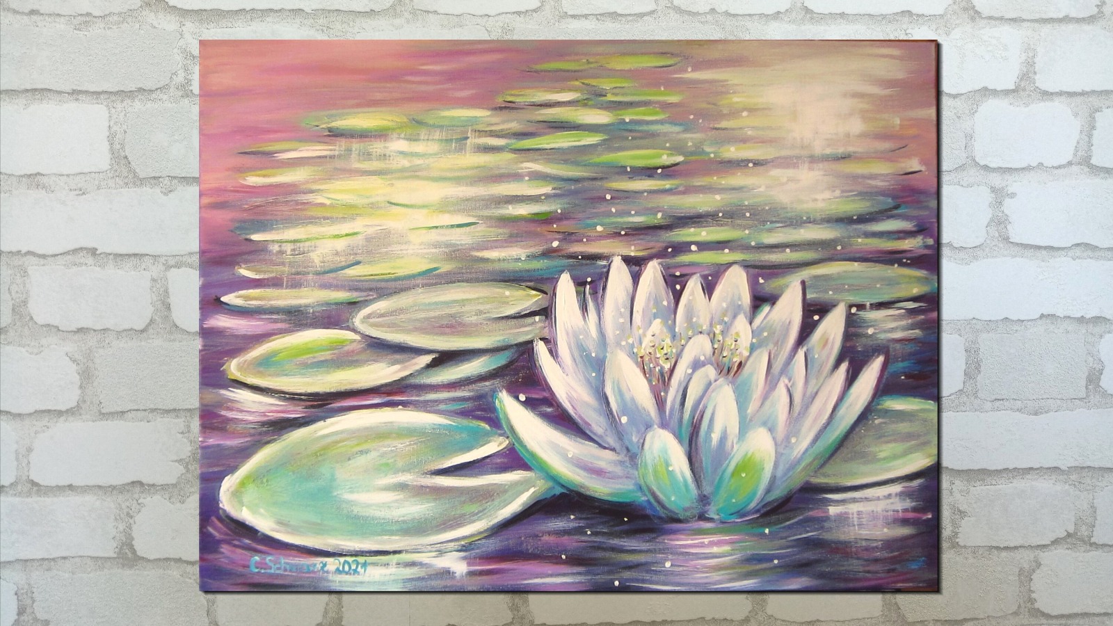 ENCHANTED WATERLILY - zauberhaftes Seerosenbild auf Leinwand 80cm x 60cm - handgemalte Kunst von