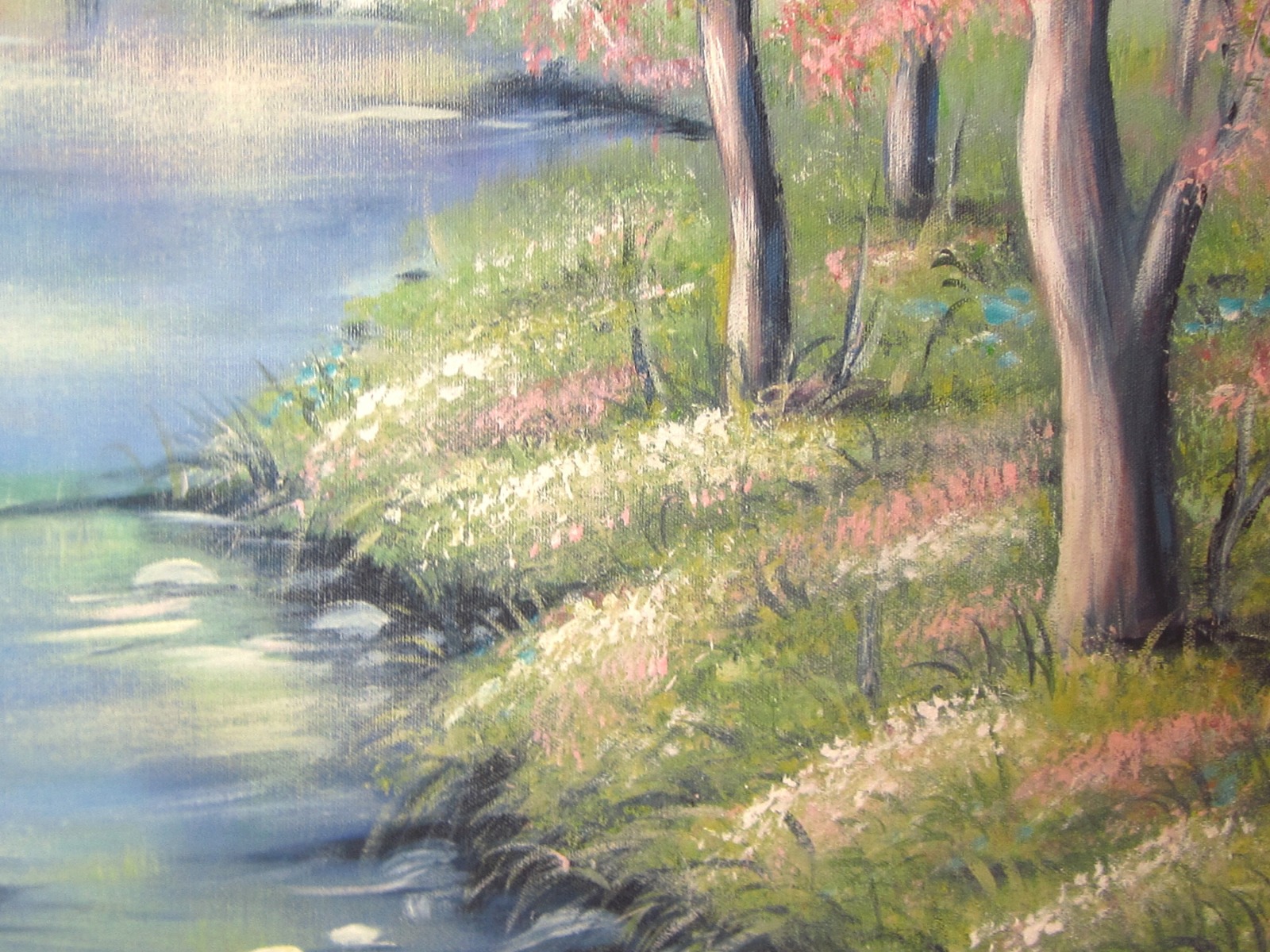 SPRING MORNING - romantisches Acrylgemälde auf Leinwand 100cm x 60cm mit blühenden Bäumen am Bach