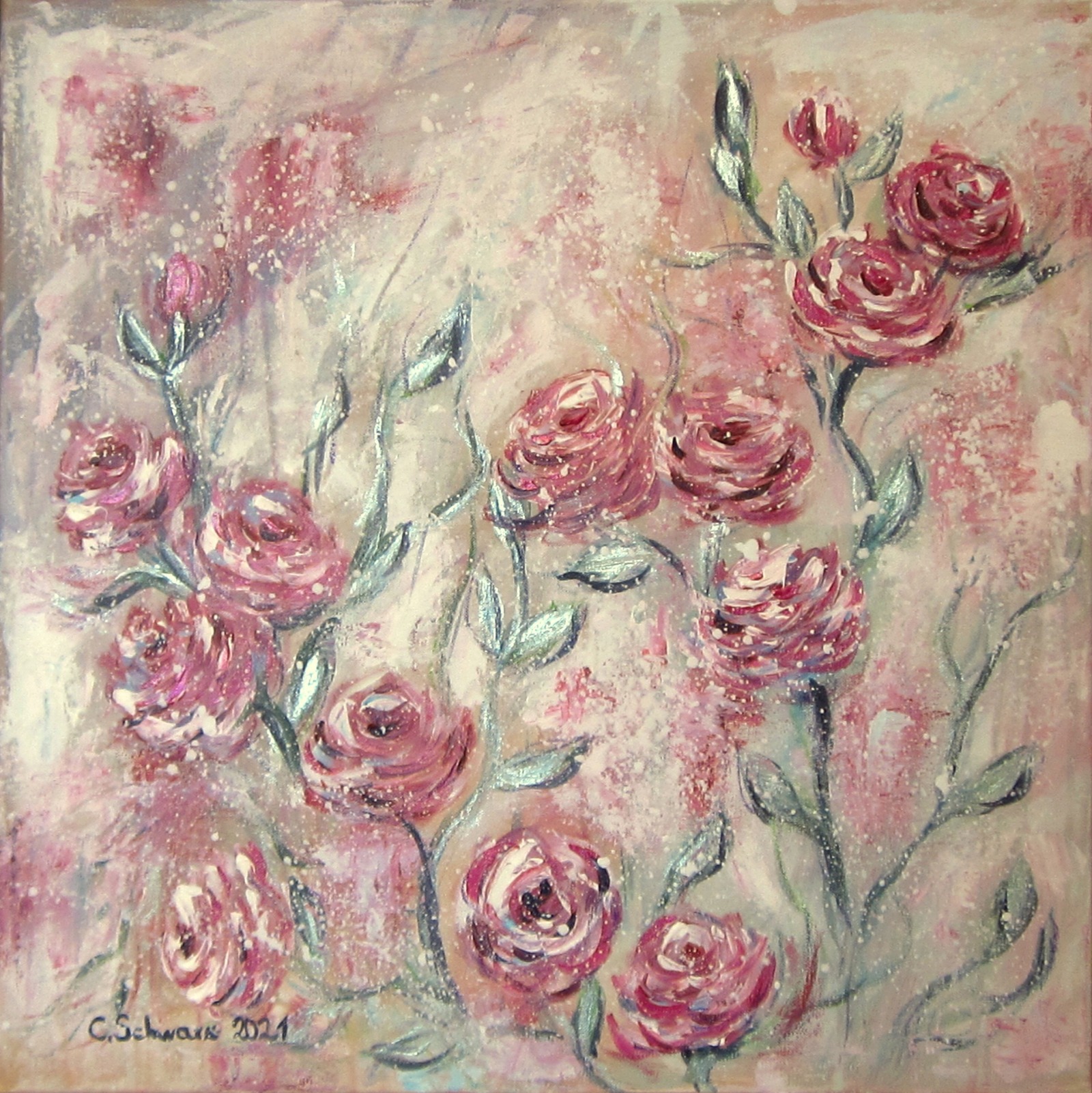 VINTAGE ROSEN - abstraktes Acrylgemälde mit Metallikeffekten auf Leinwand 60cm x 60cm, Christiane