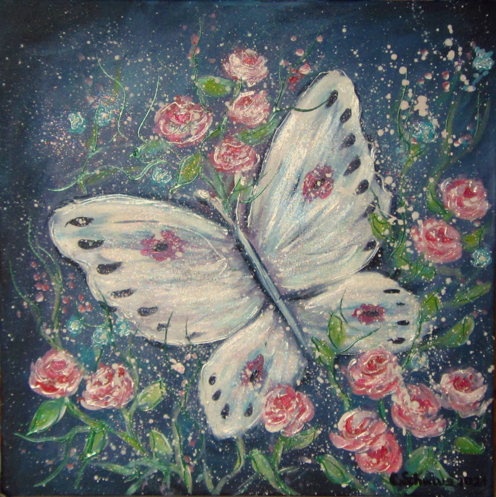 WEISSER SCHMETTERLING - wunderschönes Acrylbild 50cm x 50cm, mit Metallikeffekten und Glitter 2