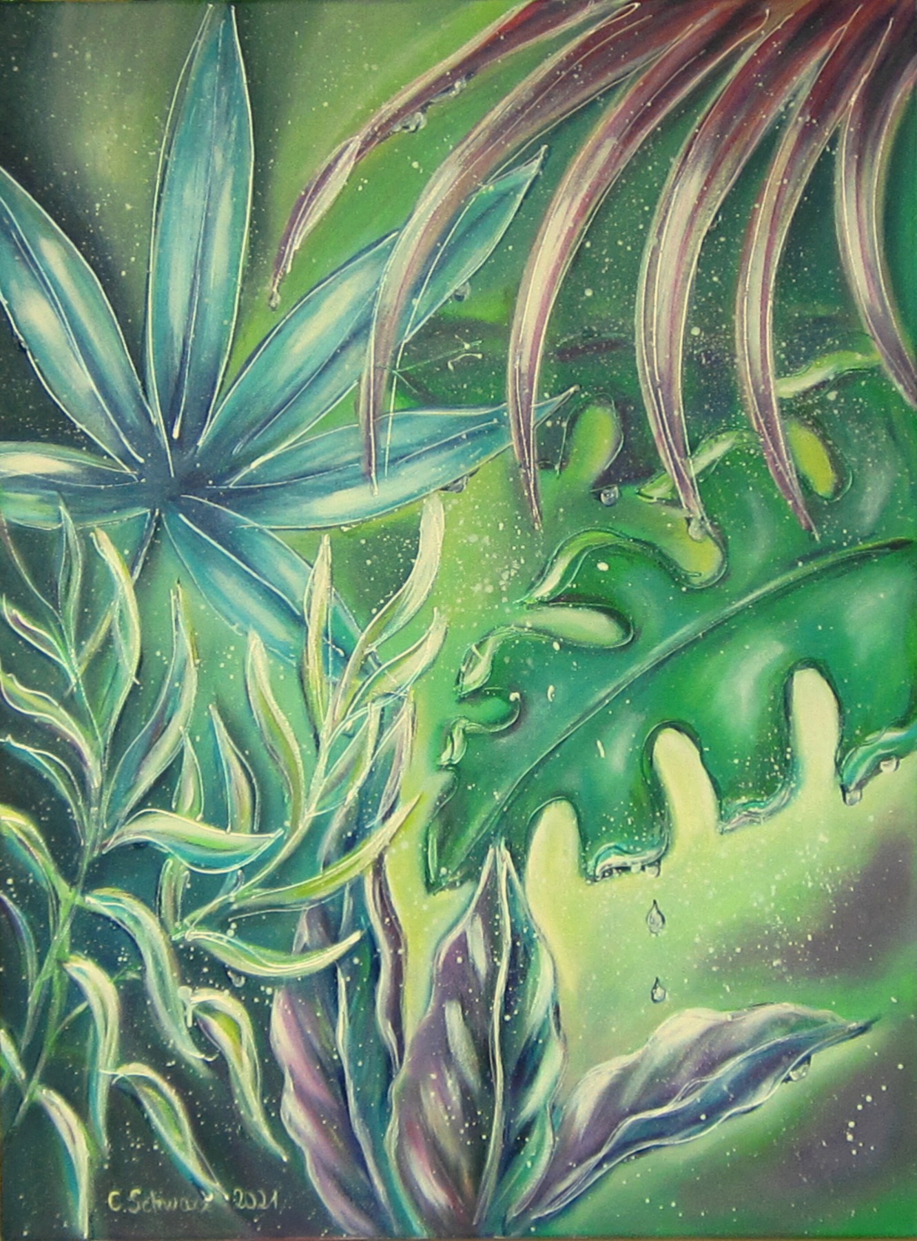 JUNGLE LEAVES - Bild mit tropischen Blättern und Regentropfen auf Leinwand 60cm x 80cm 4