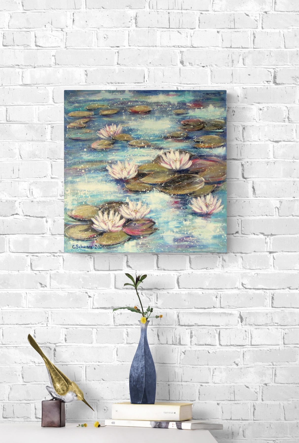 SUMMER END WATERLILIES - Acrylgemälde auf Leinwand mit Seerosen auf dem Teich - mit goldfarbigen