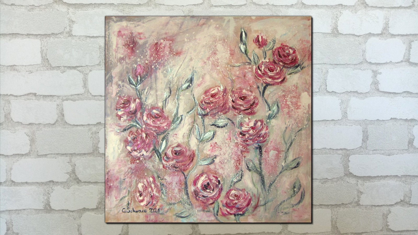 VINTAGE ROSEN - abstraktes Acrylgemälde mit Metallikeffekten auf Leinwand 60cm x 60cm, Christiane