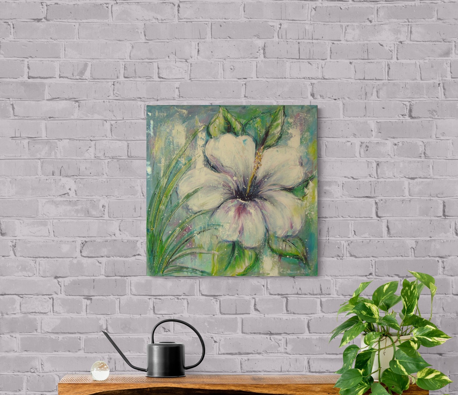 PRETTY HIBISCUS - handgemalte Hibiskusblüte auf Leinwand mit goldfarbigen Effekten 60cmx60cm von