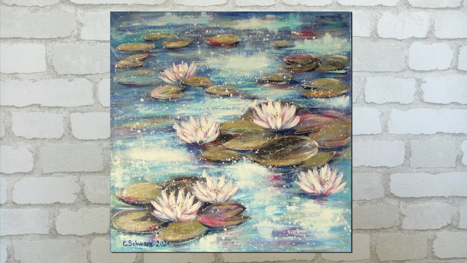 SUMMER END WATERLILIES - Acrylgemälde auf Leinwand mit Seerosen auf dem Teich - mit goldfarbigen