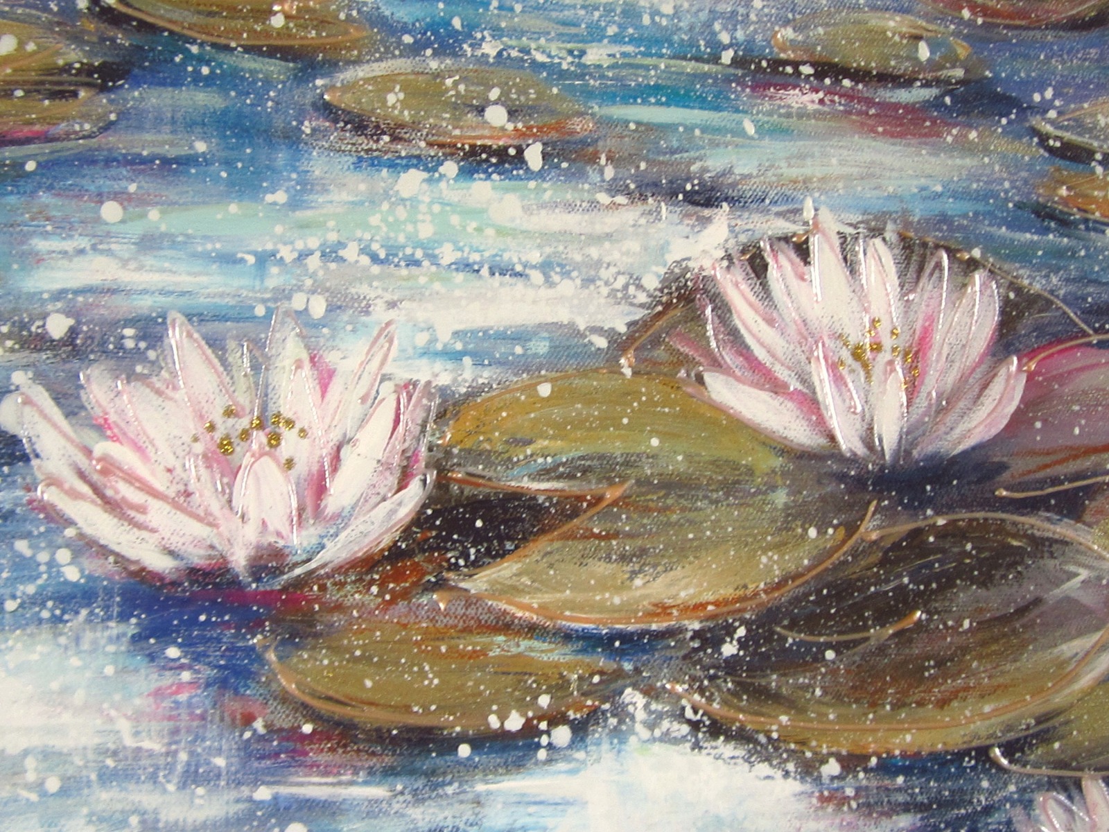 SUMMER END WATERLILIES - Acrylgemälde auf Leinwand mit Seerosen auf dem Teich - mit goldfarbigen