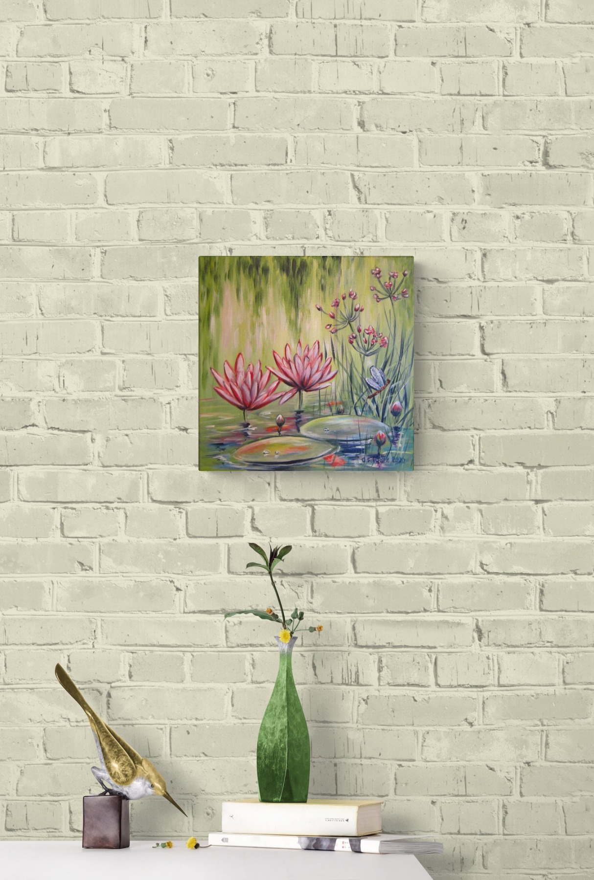 ROSA SEEROSEN - idyllisches Acrylgemälde auf Leinwand mit Seerosenblättern und einer Libelle