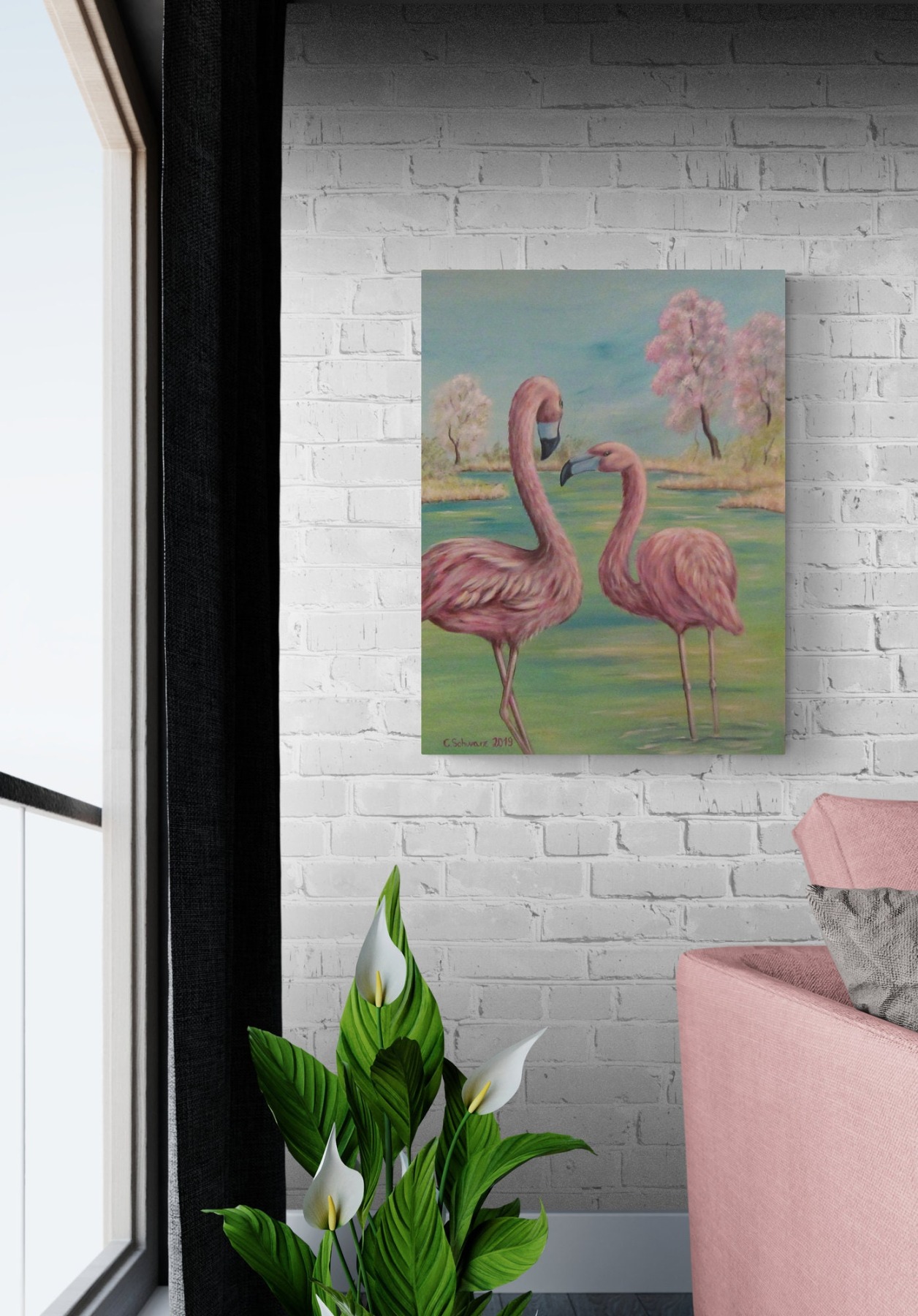 Original Acrylbild Flamingos im Frühling - Kunst Bild Vögel gemalt Vogelmalerei Leinwandbild