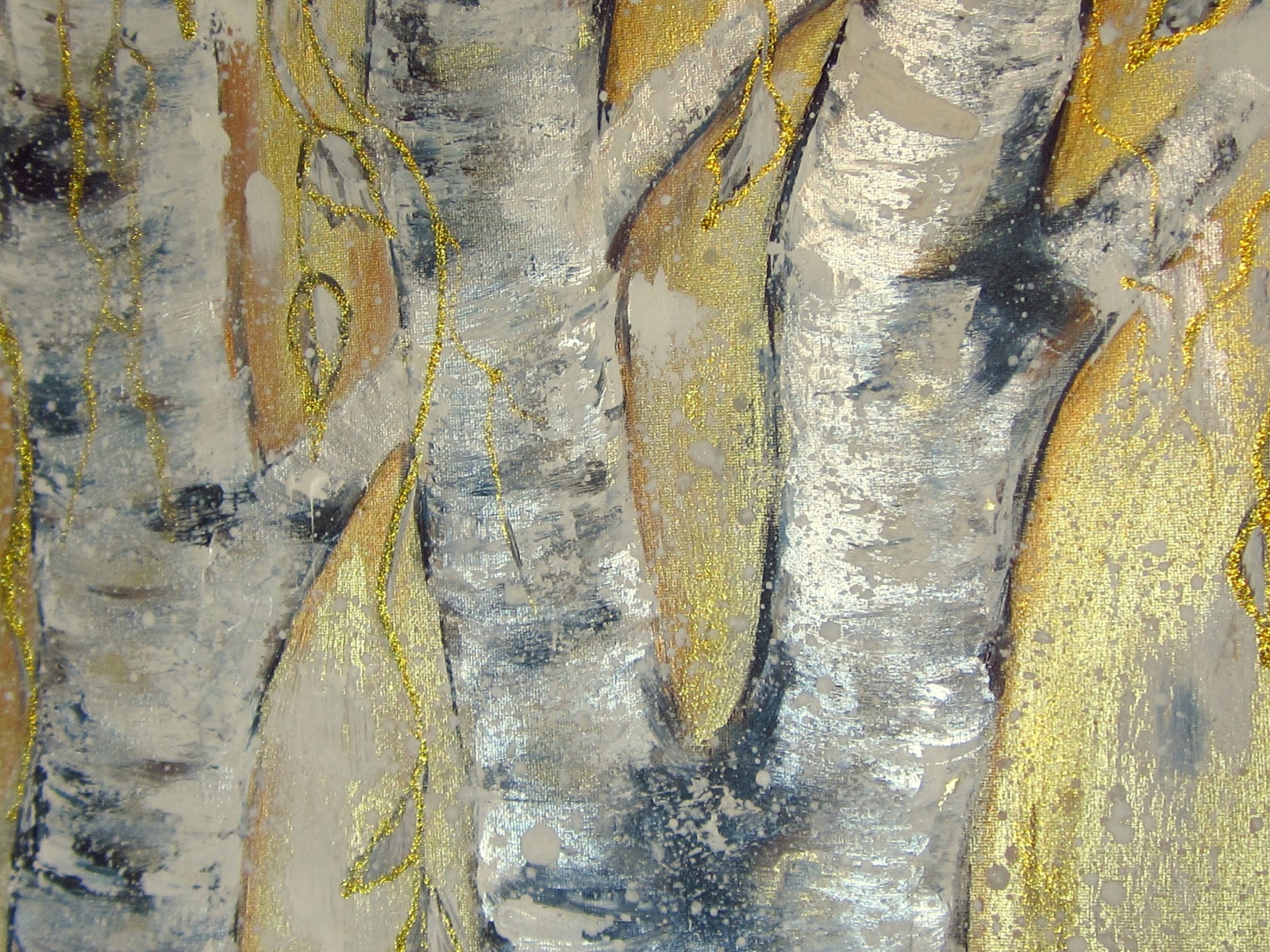 ZAUBERBIRKEN - abstraktes Acrylbild mit gold- und kupferfarbigen Metallicakzenten auf Leinwand von