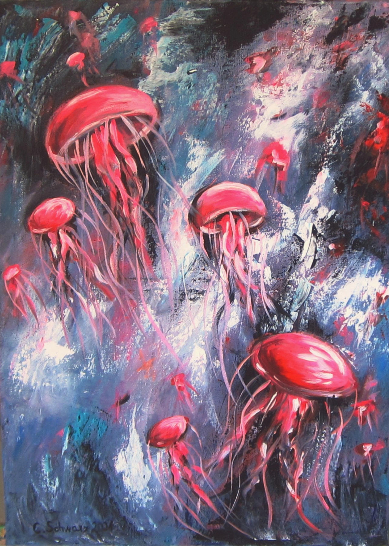 PINK JELLYFISH - abstraktes Acrylbild mit rosa Quallen auf Leinwand 50cmx70cm 4