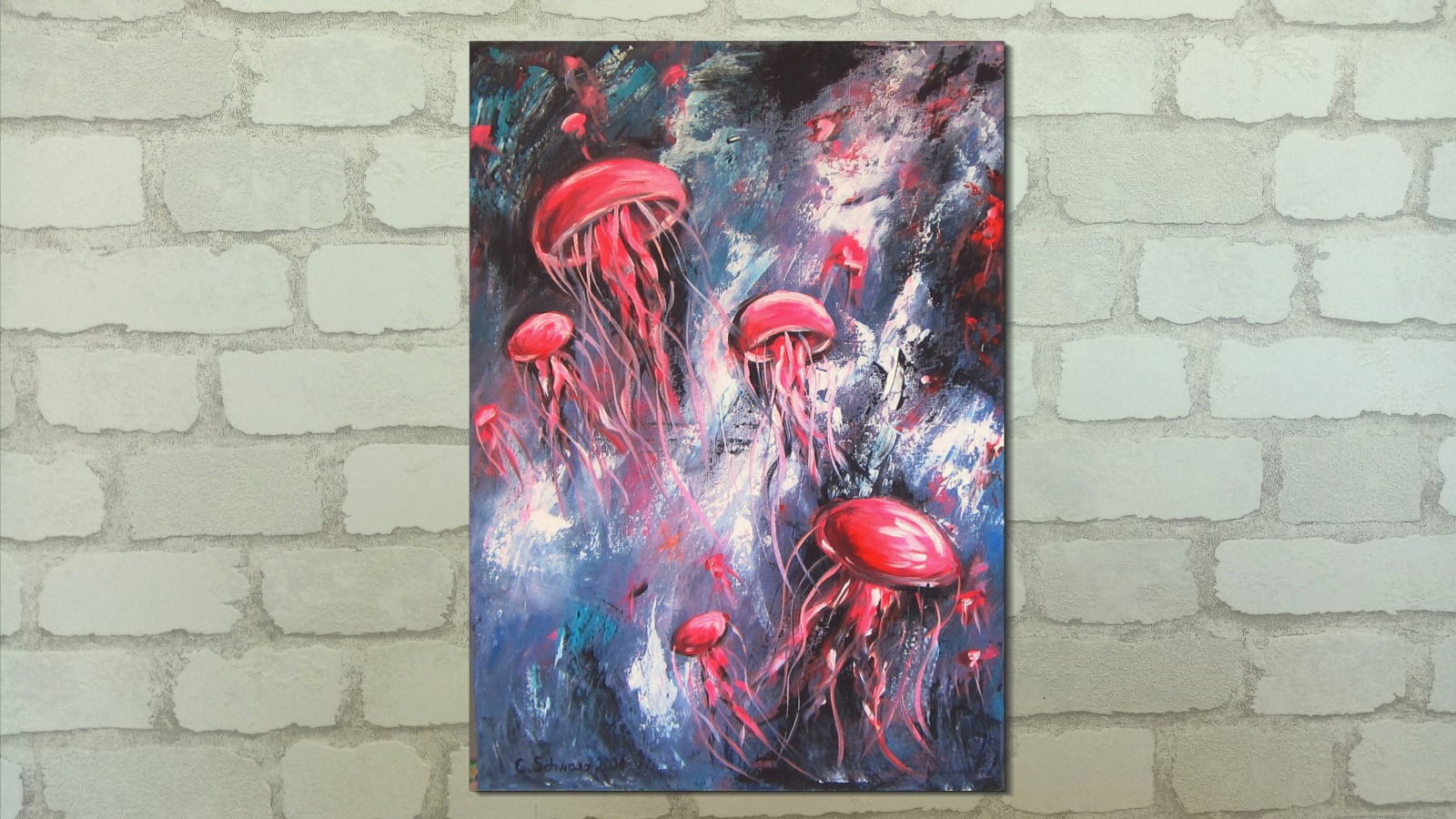 PINK JELLYFISH - abstraktes Acrylbild mit rosa Quallen auf Leinwand 50cmx70cm 3