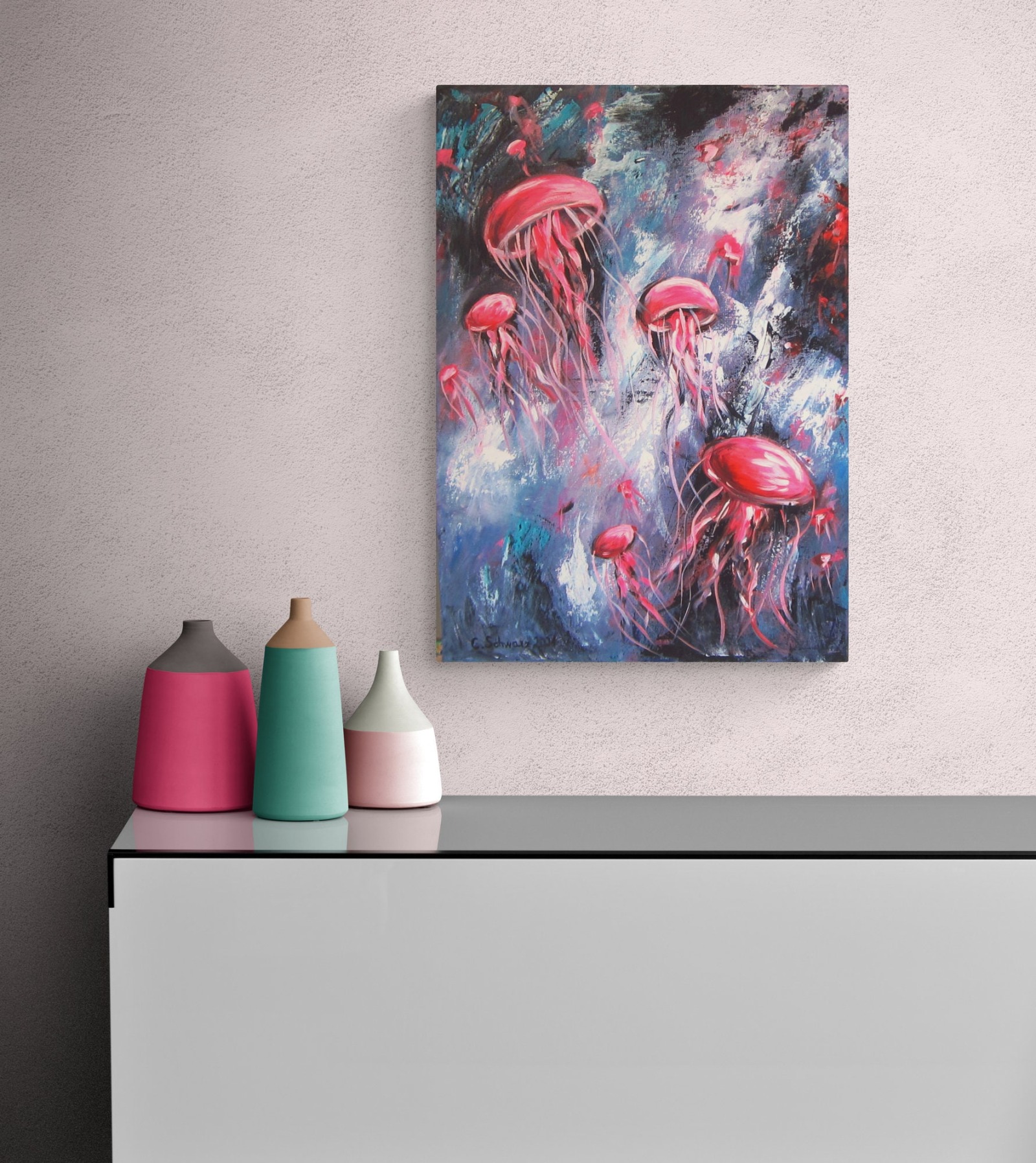 PINK JELLYFISH - abstraktes Acrylbild mit rosa Quallen auf Leinwand 50cmx70cm 2