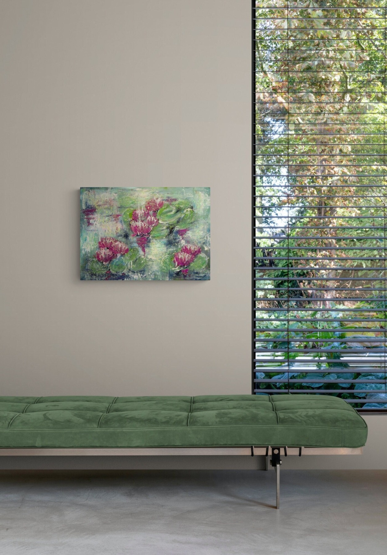 WATERLILY DREAMS - abstraktes Seerosenbild mit Glitter auf Leinwand 70cm x 50cm - mit Metallikakzent