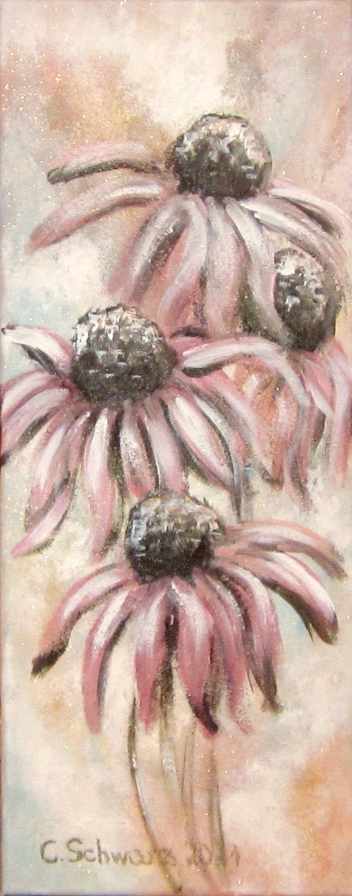 FROSTIGER ROSA SONNENHUT 20cmx50cm - glitzerndes Blumenbild mit Echinacea im Shabby Chic Look auf