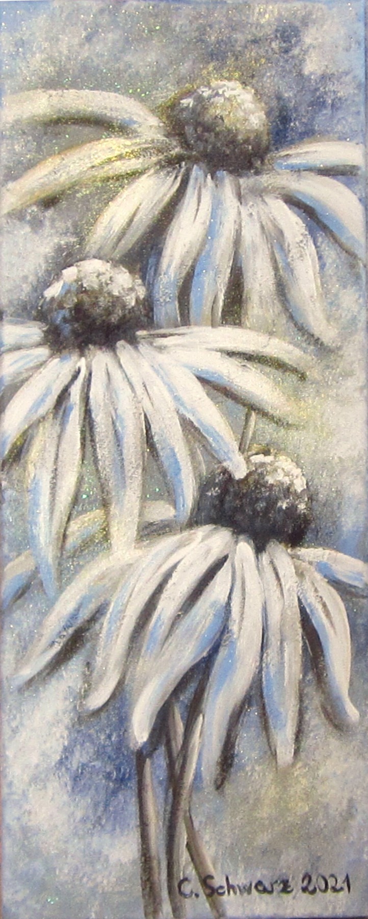 FROSTIGER WEISSER SONNENHUT 20cmx50cm - glitzerndes Blumenbild mit Echinacea im Shabby Chic Look auf