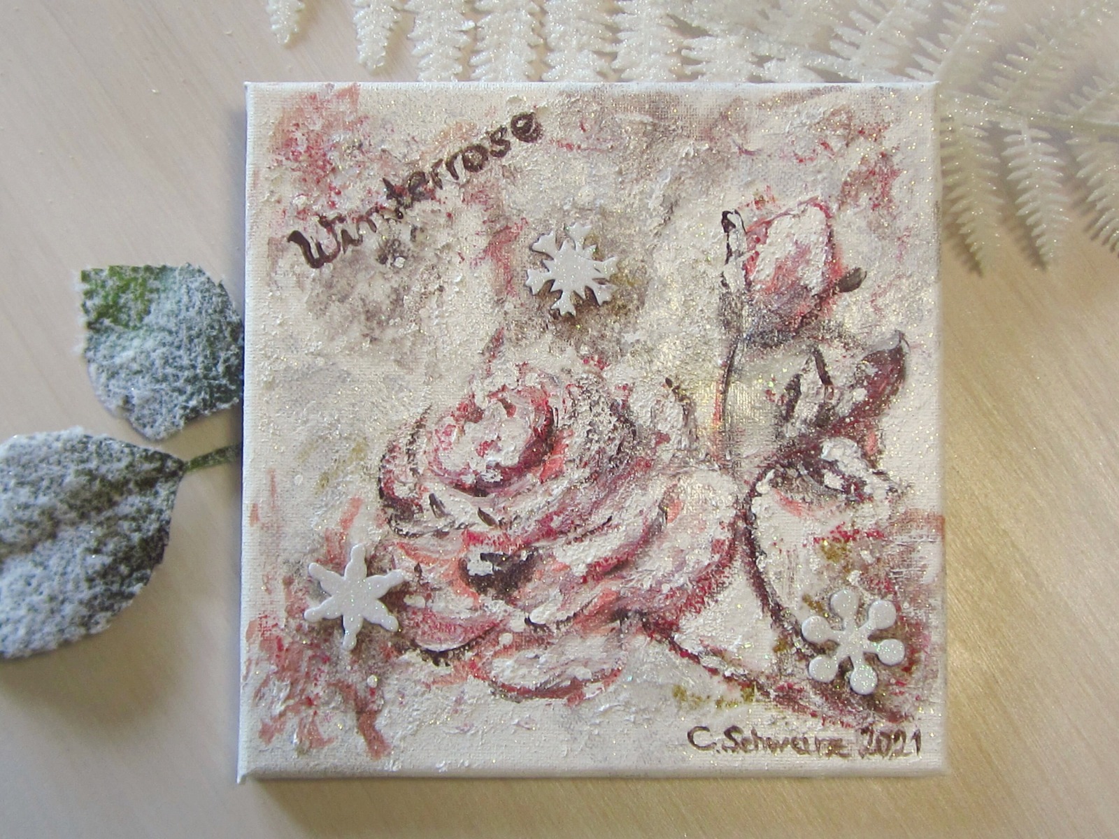 WINTERROSE - hübsches Mixed Media Bild auf Leinwand 20cmx20cm mit Glitter - Künstlerin Christiane