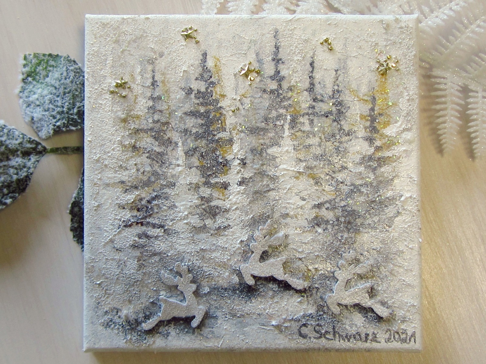 WINTERWALD - hübsches Mixed Media Bild auf Leinwand 20cmx20cm mit Glitter - Künstlerin Christiane