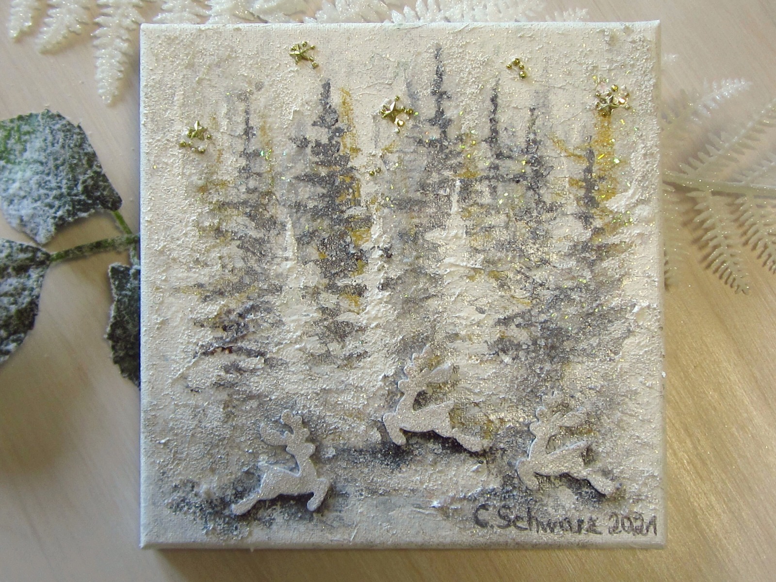 WINTERWALD - hübsches Mixed Media Bild auf Leinwand 20cmx20cm mit Glitter - Künstlerin Christiane