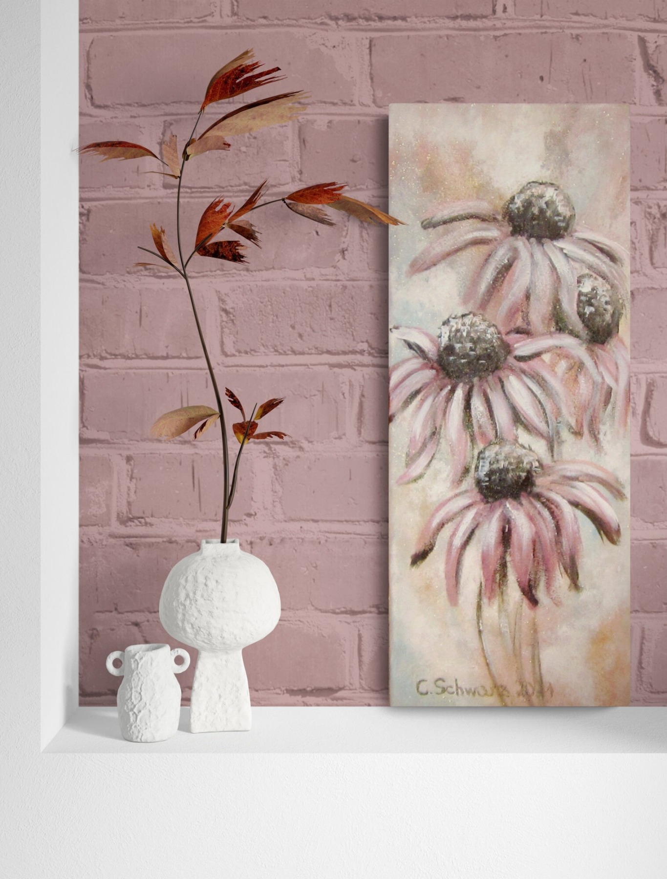 FROSTIGER ROSA SONNENHUT 20cmx50cm - glitzerndes Blumenbild mit Echinacea im Shabby Chic Look auf