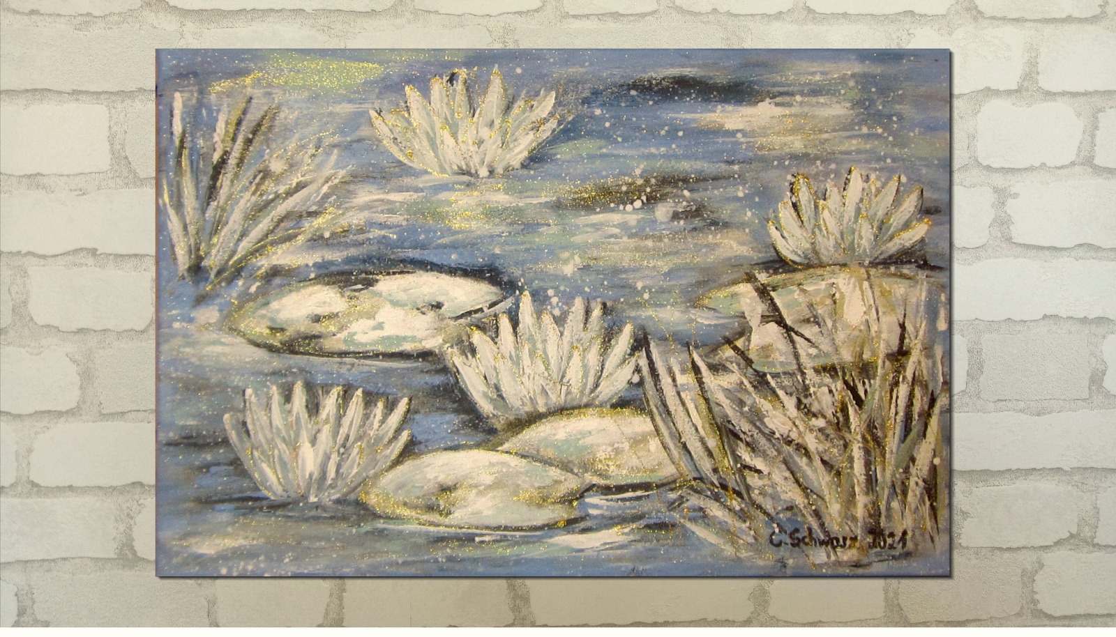 FROSTY WATERLILIES 60cmx40cm - glitzerndes Seerosenbild im Shabby Chic Look auf Leinwand von