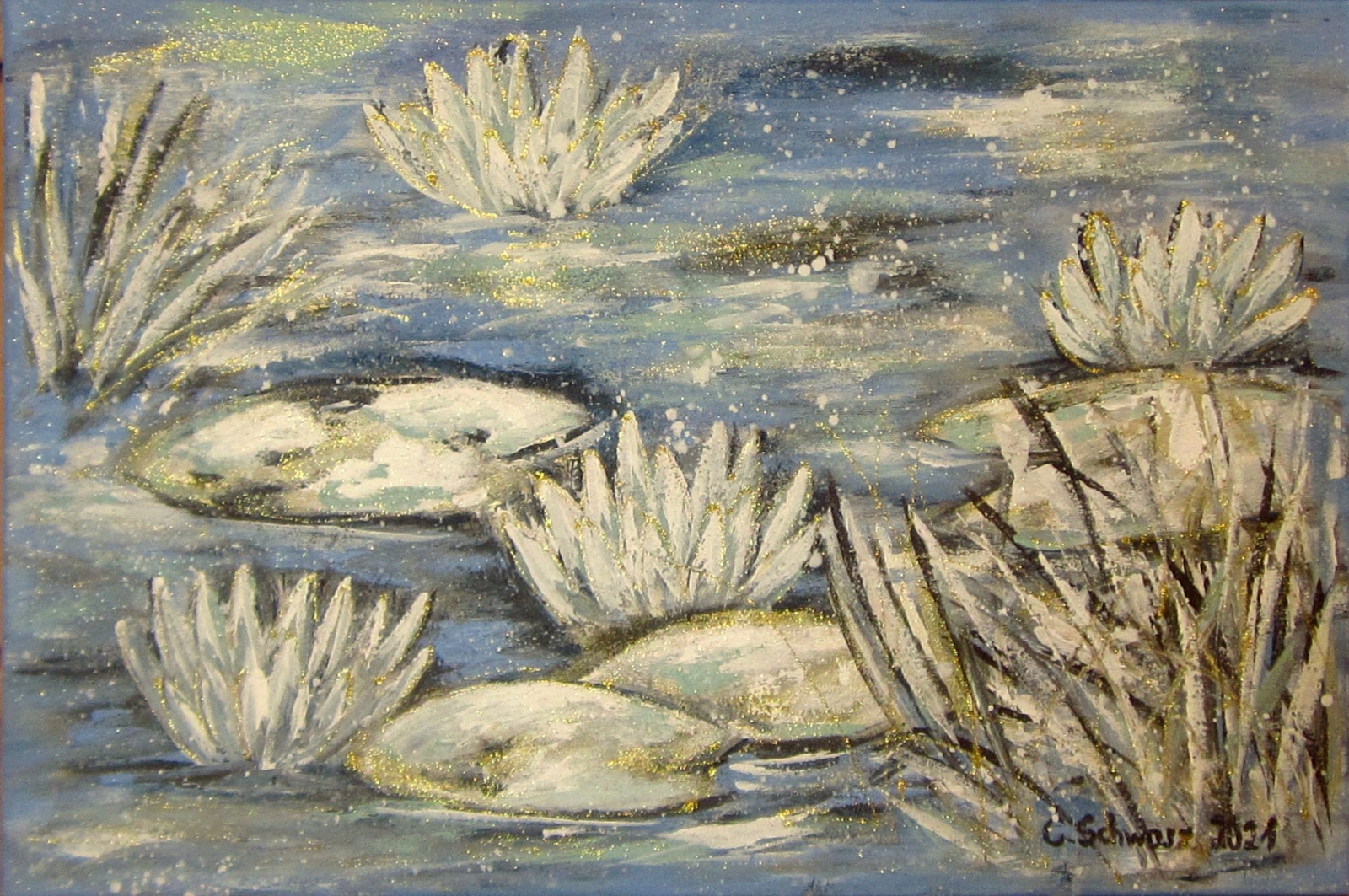 FROSTY WATERLILIES 60cmx40cm - glitzerndes Seerosenbild im Shabby Chic Look auf Leinwand von