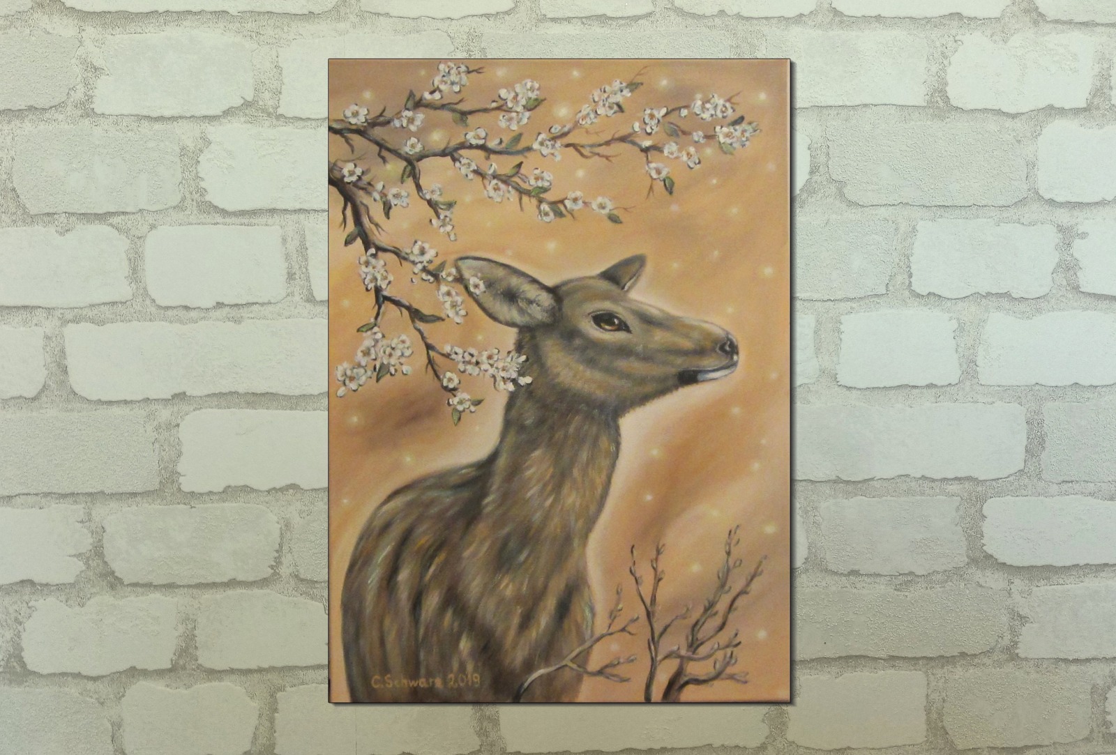 DEER LADY 50cm x 70cm - Wunderschönes Acrylbild auf Leinwand - Hirsch Kunst Bild Gemalt Malerei